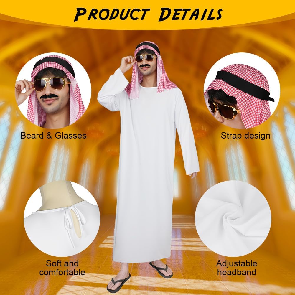 Thumbnail 4 de BSBUY Kostüm „Arabischer Scheich“ Set für Herren inkl. weißes Gewand, kariertem Kopftuch, Brille & Bart