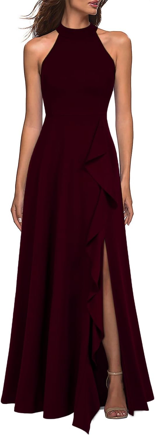 Detalle de WOOSEA Women's High Neck Sexy Split Evening Maxi Dress