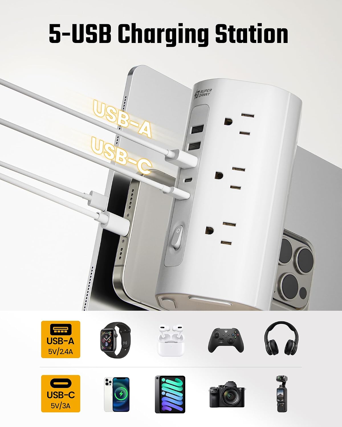 Detalle de Tower Power Strip: 17-in-1 Surge Protected Desk Charging Tower with 12 AC Outlets and 5 USB Ports (2 USB-C)