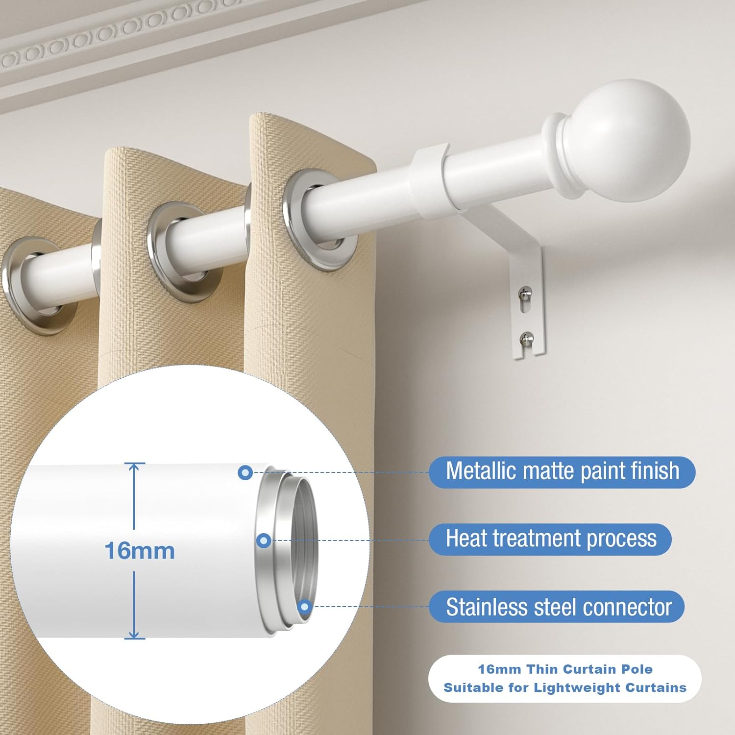 Detalle de PeSenp Curtain Poles 87-321cm, 16mm Diameter with Round Finials – White Metal Rod, Brackets & Fittings Included