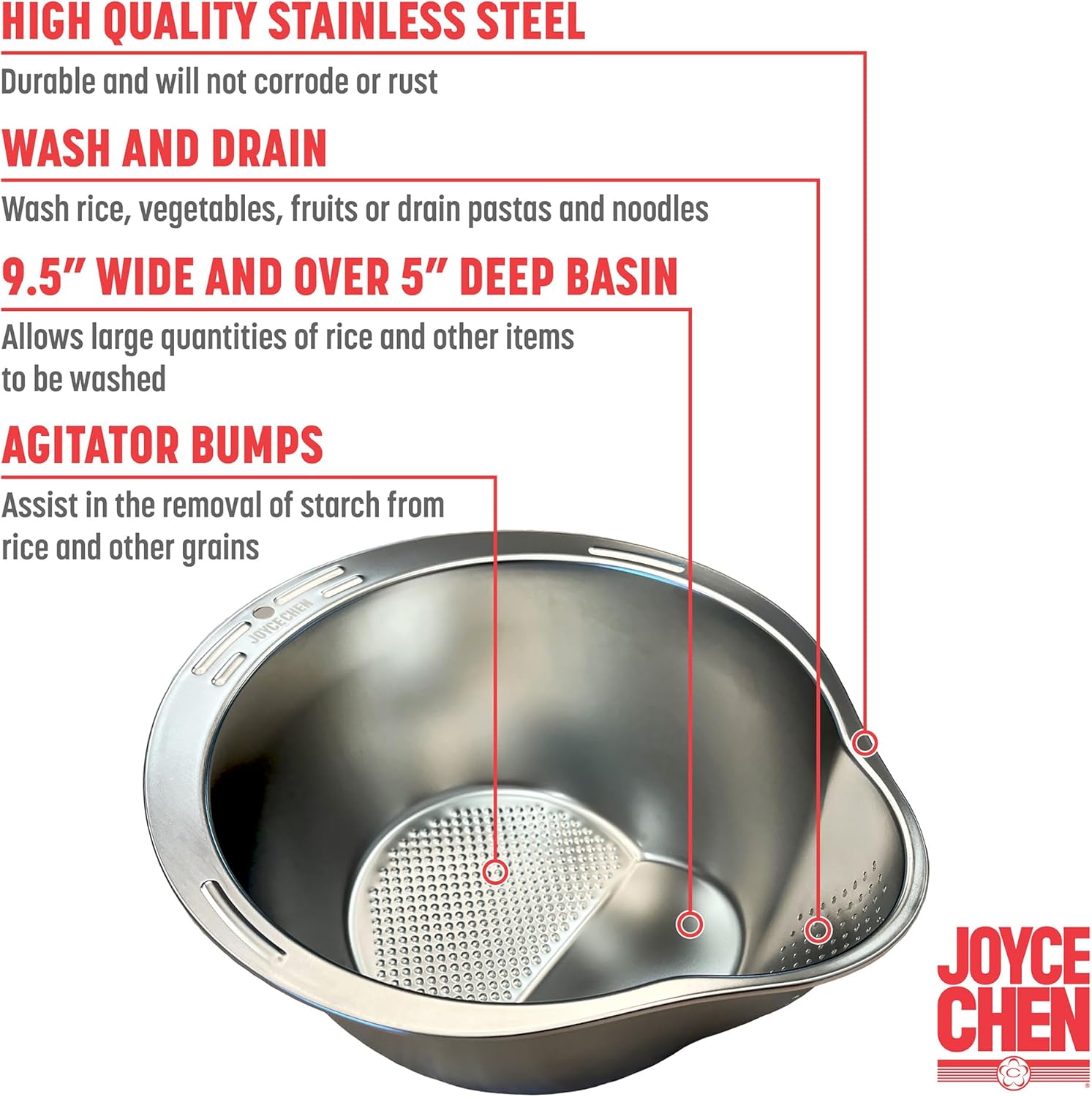 Detalle 2 de Joyce Chen Stainless Steel Rice Strainer Bowl: Wash, Rinse, and Drain Effortlessly