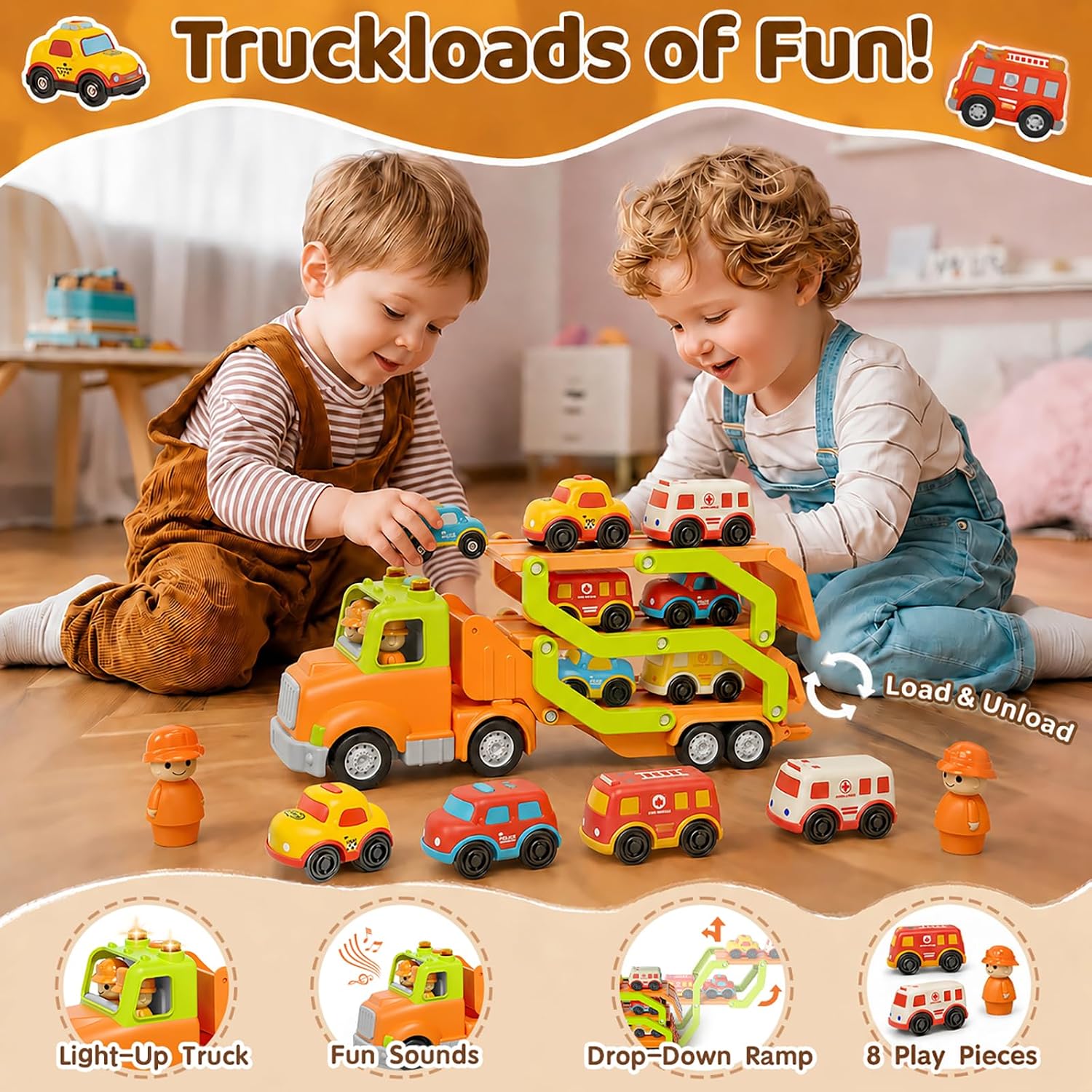 Thumbnail 2 de Veslier 9-in-1 Transport Trailer Toy Set for Toddlers (2–5 Years) With 6 Mini Cars, Foldable 30in Track Trailer, Lights & Sounds