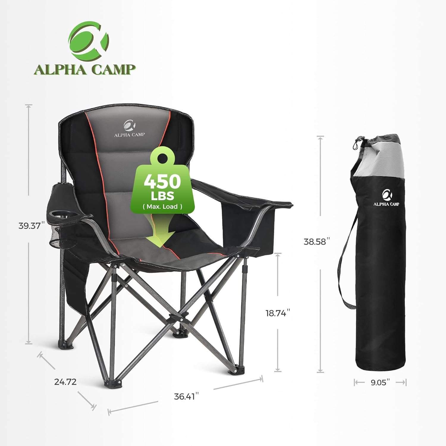 Detalle de ALPHA CAMP Set of 2 Heavy-Duty Camping Chairs for Adults (Up to 200 kg) with Cup Holder, Cooler Bag and Side Pocket