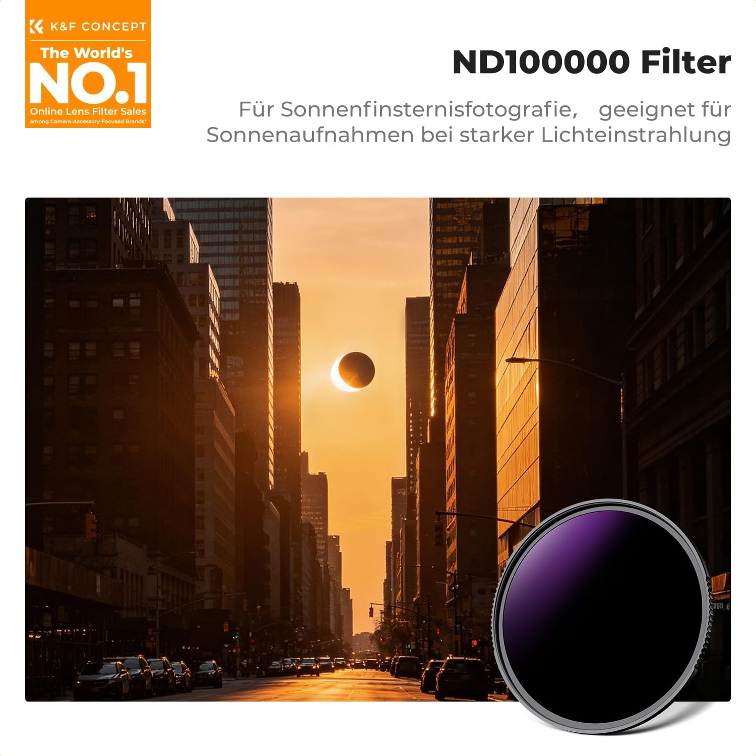 Detalle de K&F Concept 82mm ND100000 Sonnenfinsternisfilter – 16,6 Blendenstufen für Himmelsereignisse