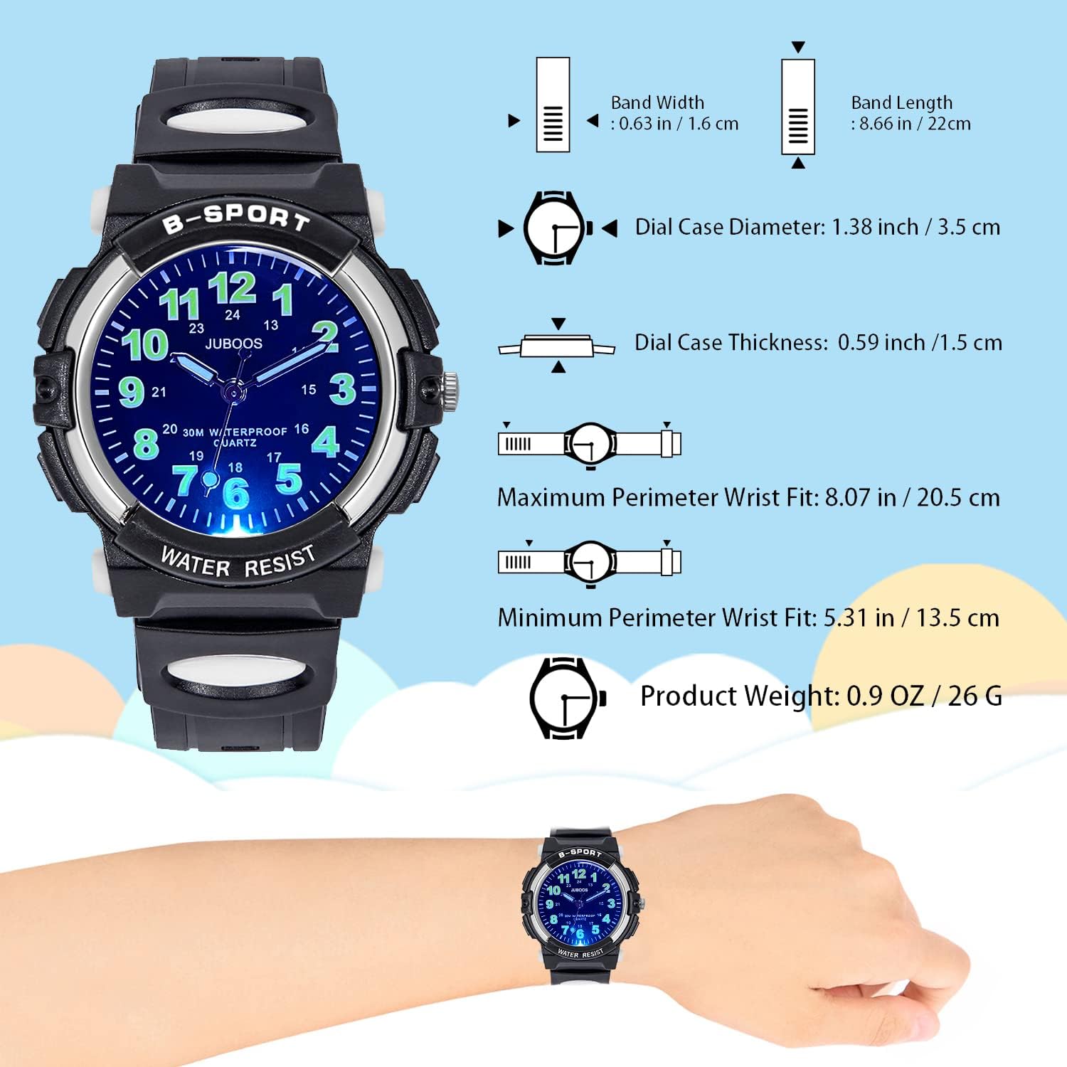 Detalle de Juboos Neue 7-Farbige Kinderuhr – Analoge Quarz-Uhr für Jungen & Mädchen, 30 m wasserdicht, mit weichem Armband