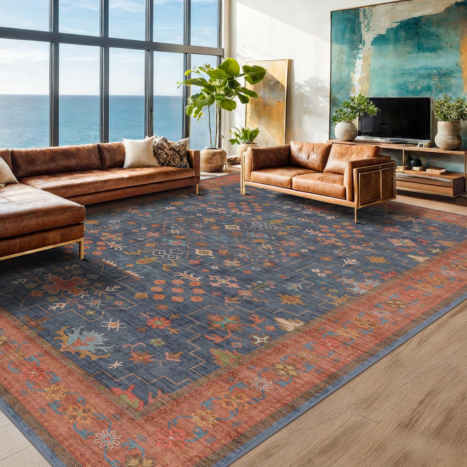 Detalle de Navy Blue Area Rug 9x12: Washable, Non-Slip, Low-Pile Boho Living Room & Dining Room Rug