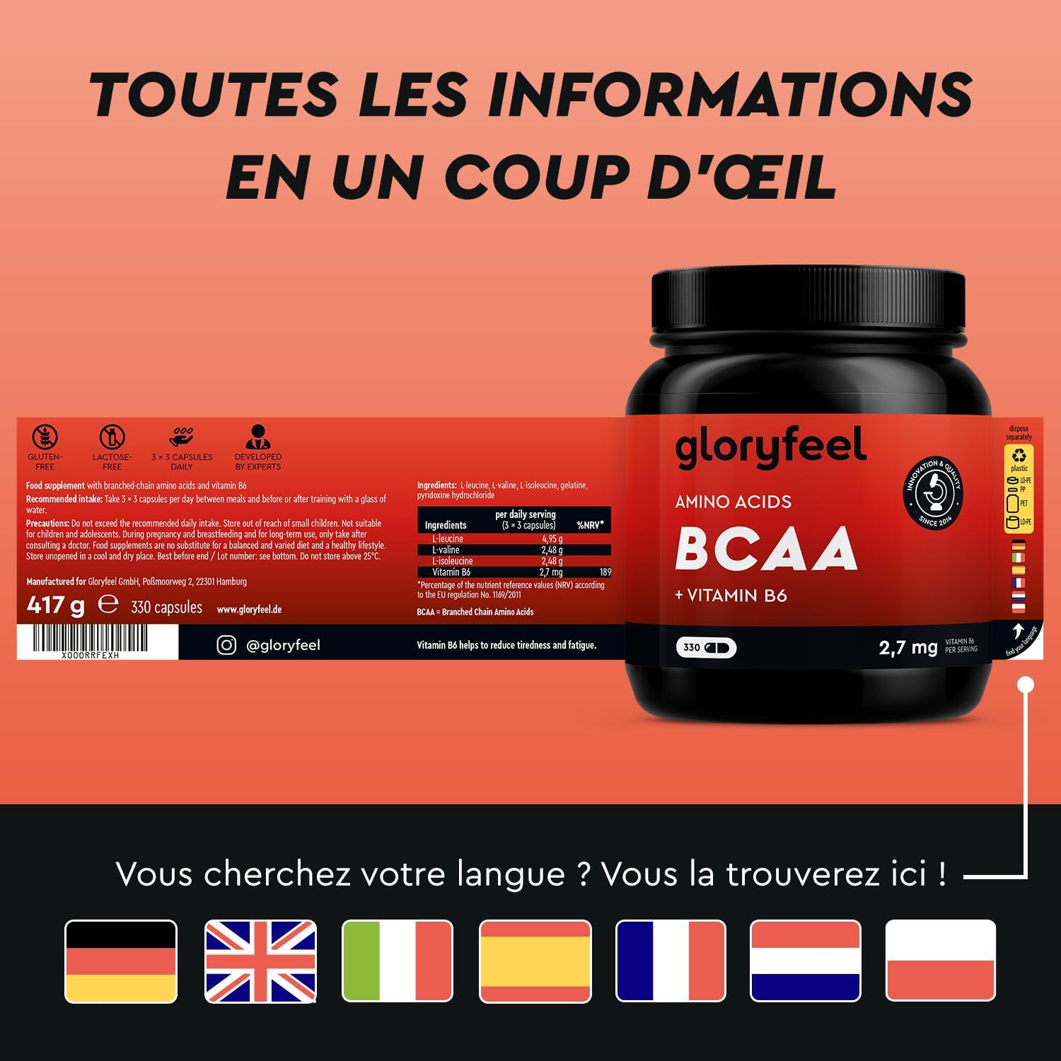 Thumbnail 3 de BCAA GloryFeel 330 capsules – Acides aminés essentiels dosés 2:1:1 avec vitamine B6