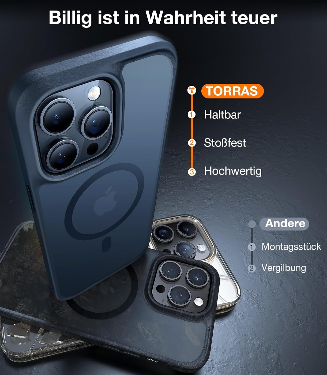 Detalle de TORRAS Guardian-Mag Hülle für iPhone 13 Pro mit MagSafe, 19 N Magnetstärke und 360°-Schutz (schwarz)