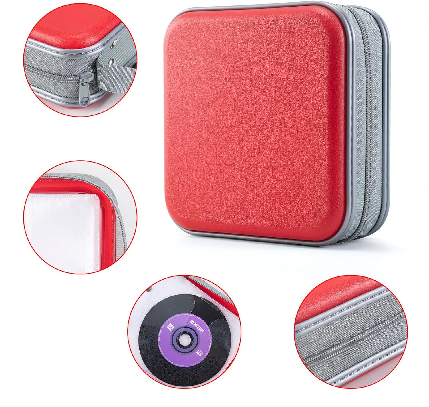 Detalle de LIOVODE 48-Disc CD/DVD Case — Portable Hard Plastic Wallet with Fixed Inner Pages (Red)