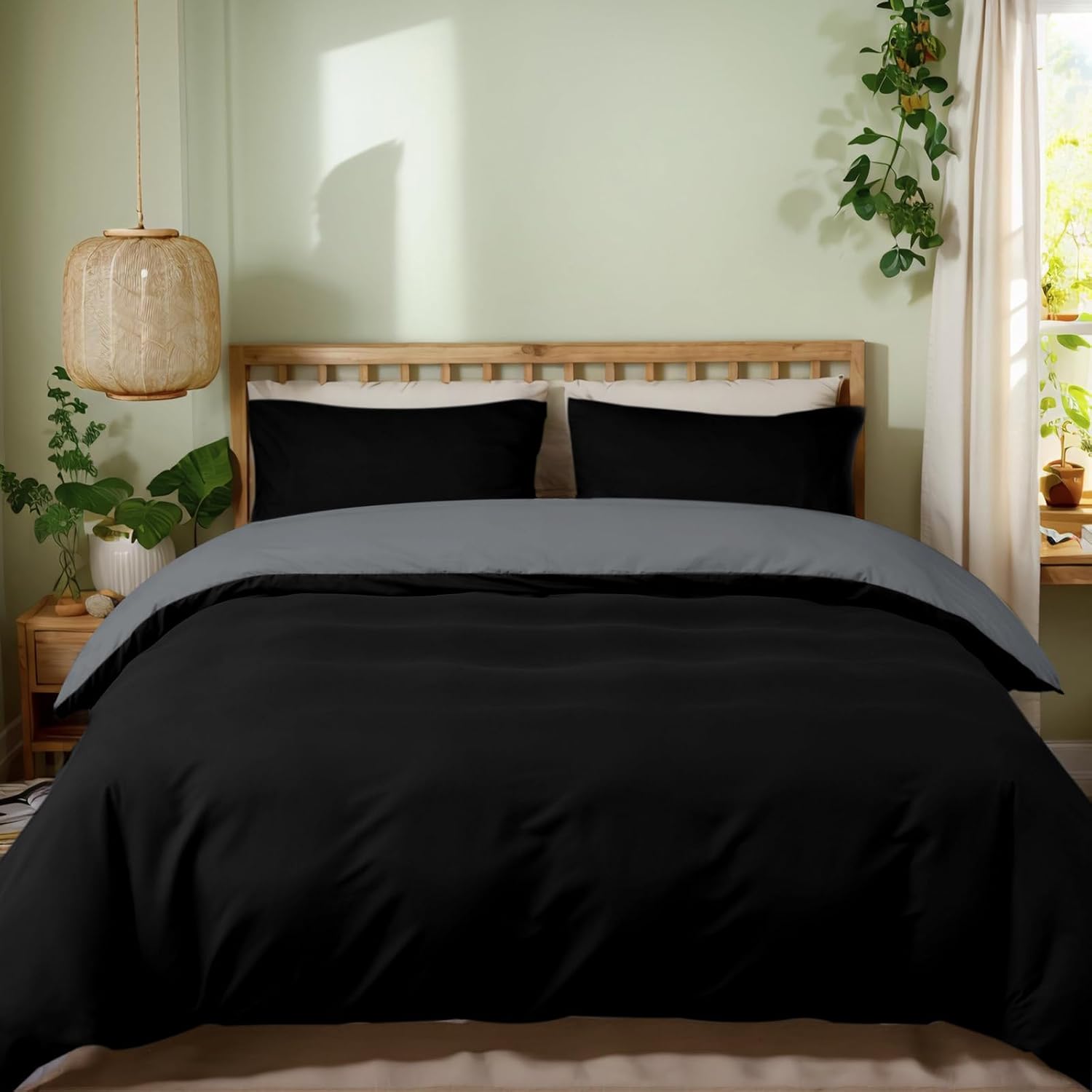 Detalle de MIKI WELL King Size Reversible Duvet Cover Set (3 pcs) in Black & Grey with Hidden Zipper + Corner Ties