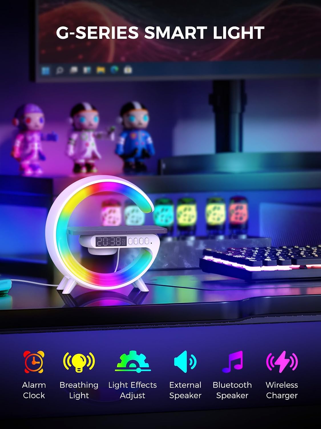 Detalle de Smiling Shark Lampes de Réveil intelligentes : ambiance lumineuse, charge sans fil et haut-parleur Bluetooth