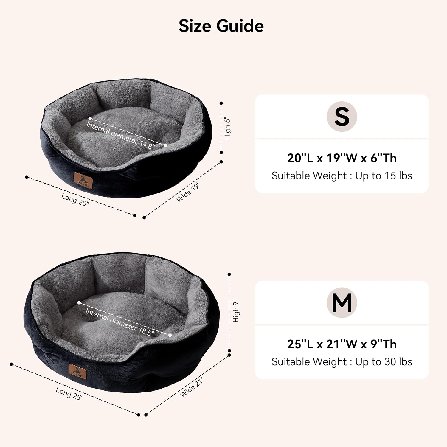 Detalle 2 de Asvin 25-Inch Round Pet Bed, Sherpa Fleece, Machine Washable, Non-Slip Base