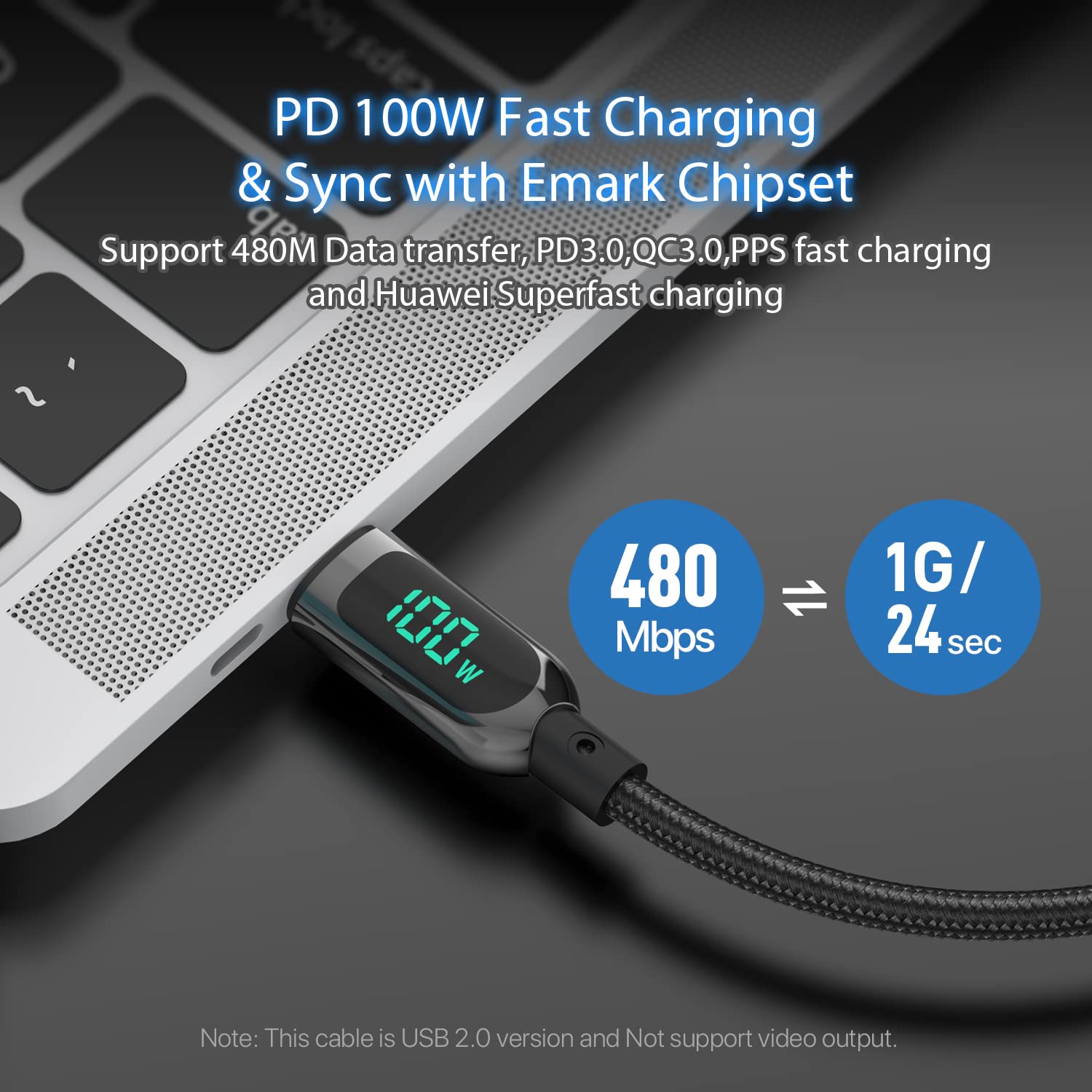 Detalle de SOOPII 100W USB-C to USB-C Cable with LED Power Display (6.6ft) for Laptops, Phones, and More