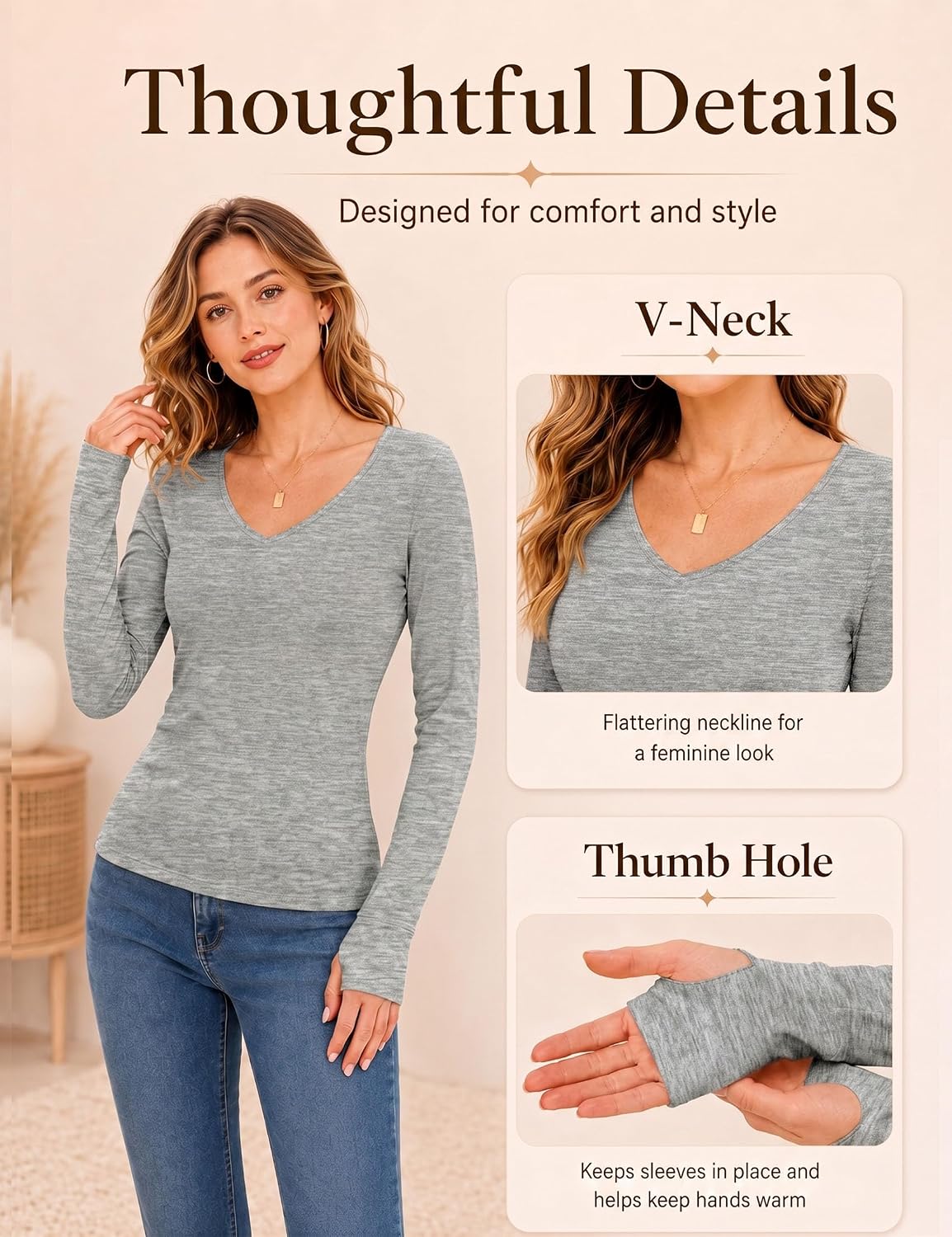 Detalle de Wayleb maglia termica da donna con interno in pile e scollo a V – calda, versatile e comoda