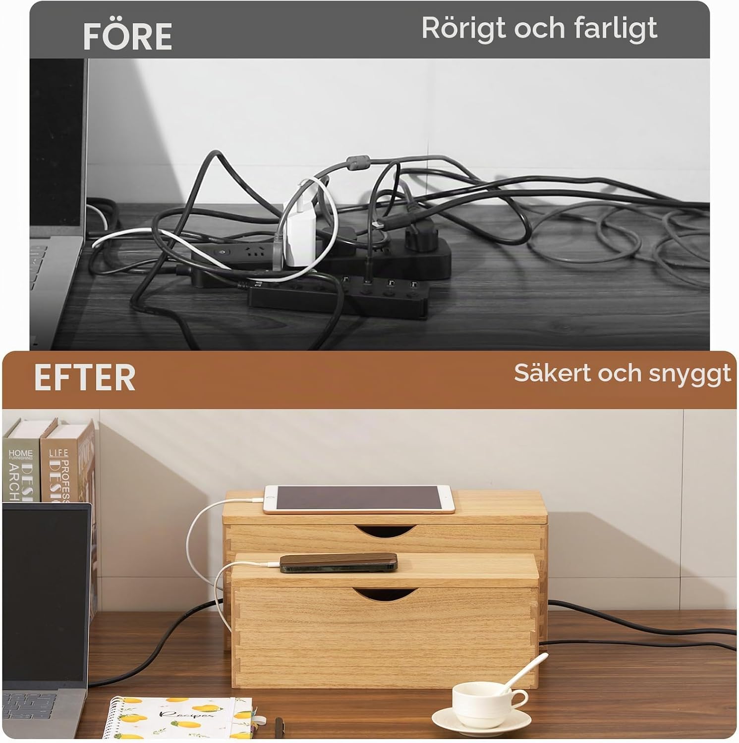 Detalle 1 de KIRIGEN kabelbox i massivt Paulowniaträ, 2-pack i natur