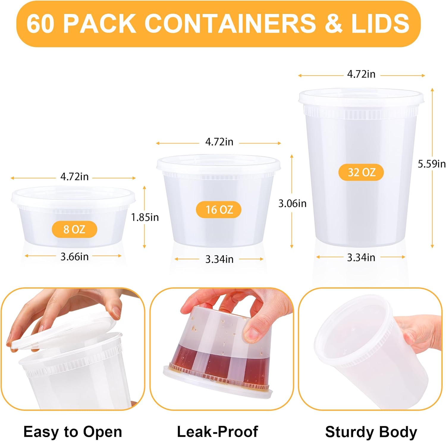 Thumbnail 1 de BYSNOW 60 Sets Deli Containers with Lids (8/16/32 oz) – Leak-Proof, BPA-Free, Stackable & Safe for Freezer, Microwave, and Dishwasher