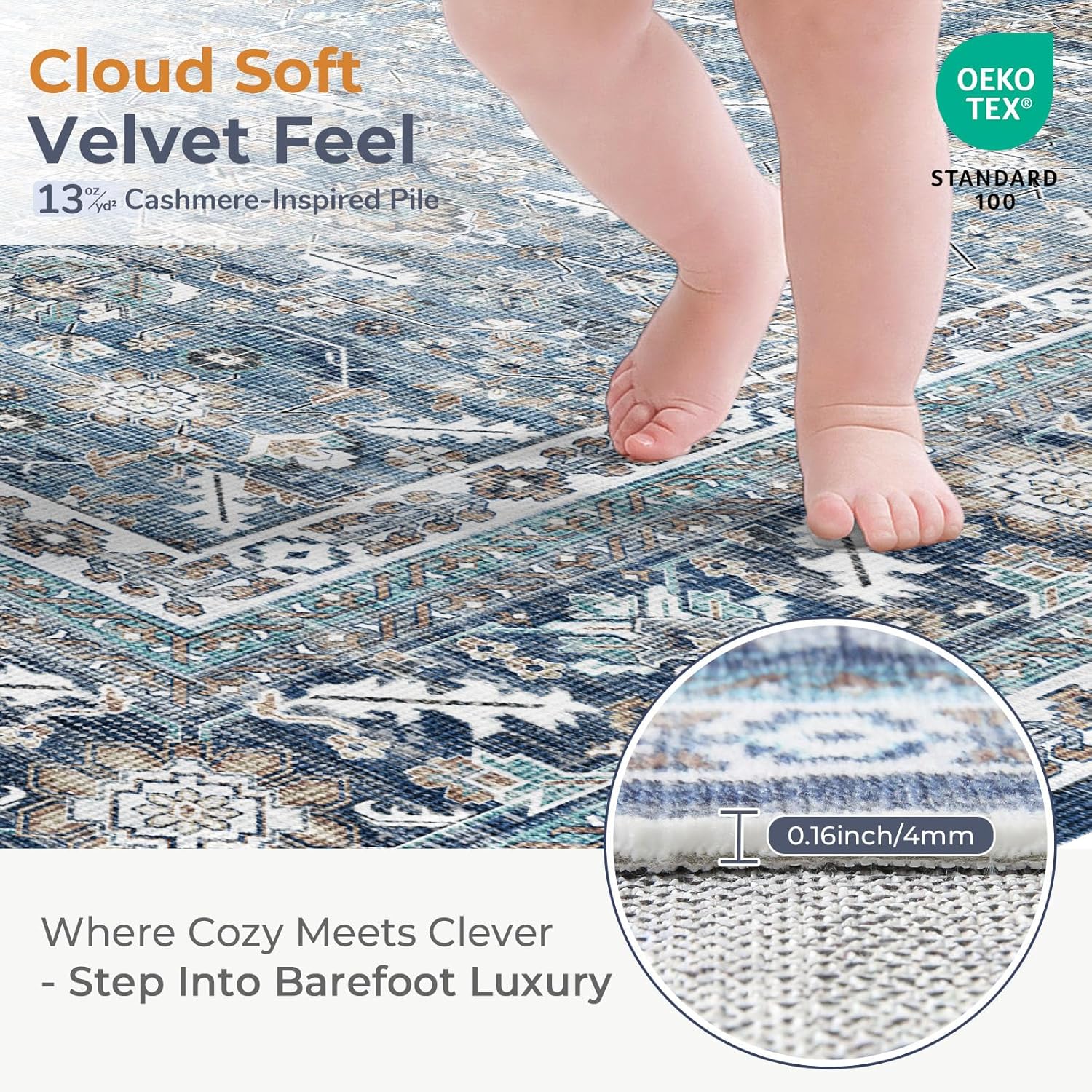 Detalle de OPPODREAM Vintage Blue 5x7 Rug — Distressed Faux Wool, Non-Slip & Machine Washable