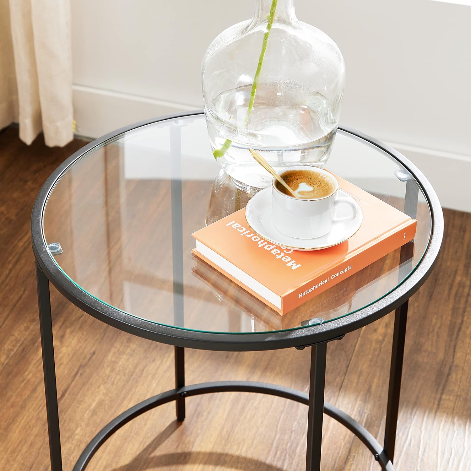Detalle de VASAGLE BARIS LGT020B01 Round Side Table, Tempered Glass and Steel Frame