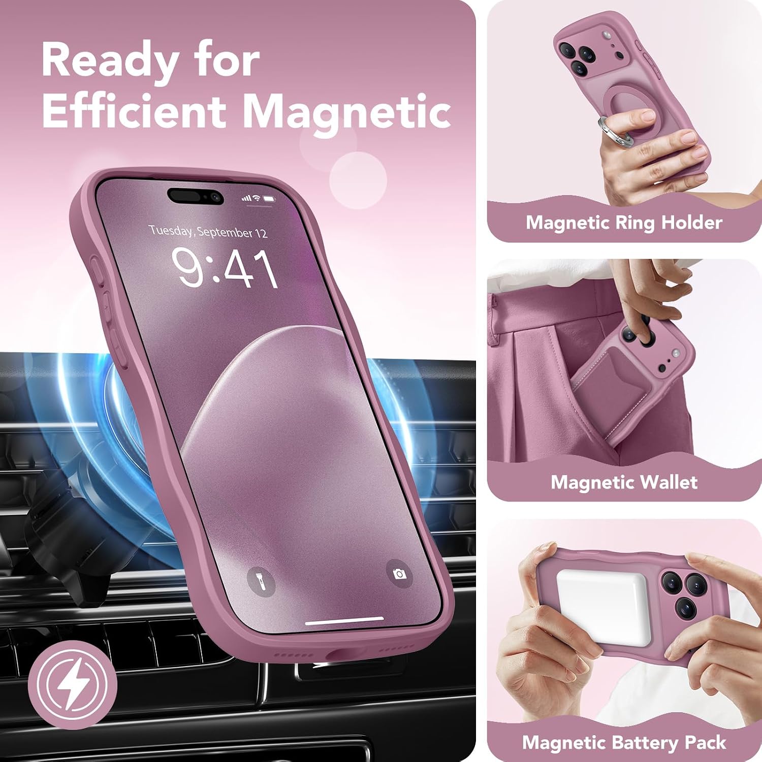 Detalle de CAPRARO Magnetic Case for iPhone 17 Pro (6.3-inch, 2025 Release) — MagSafe Compatible Wave Translucent Matte, Black Currant