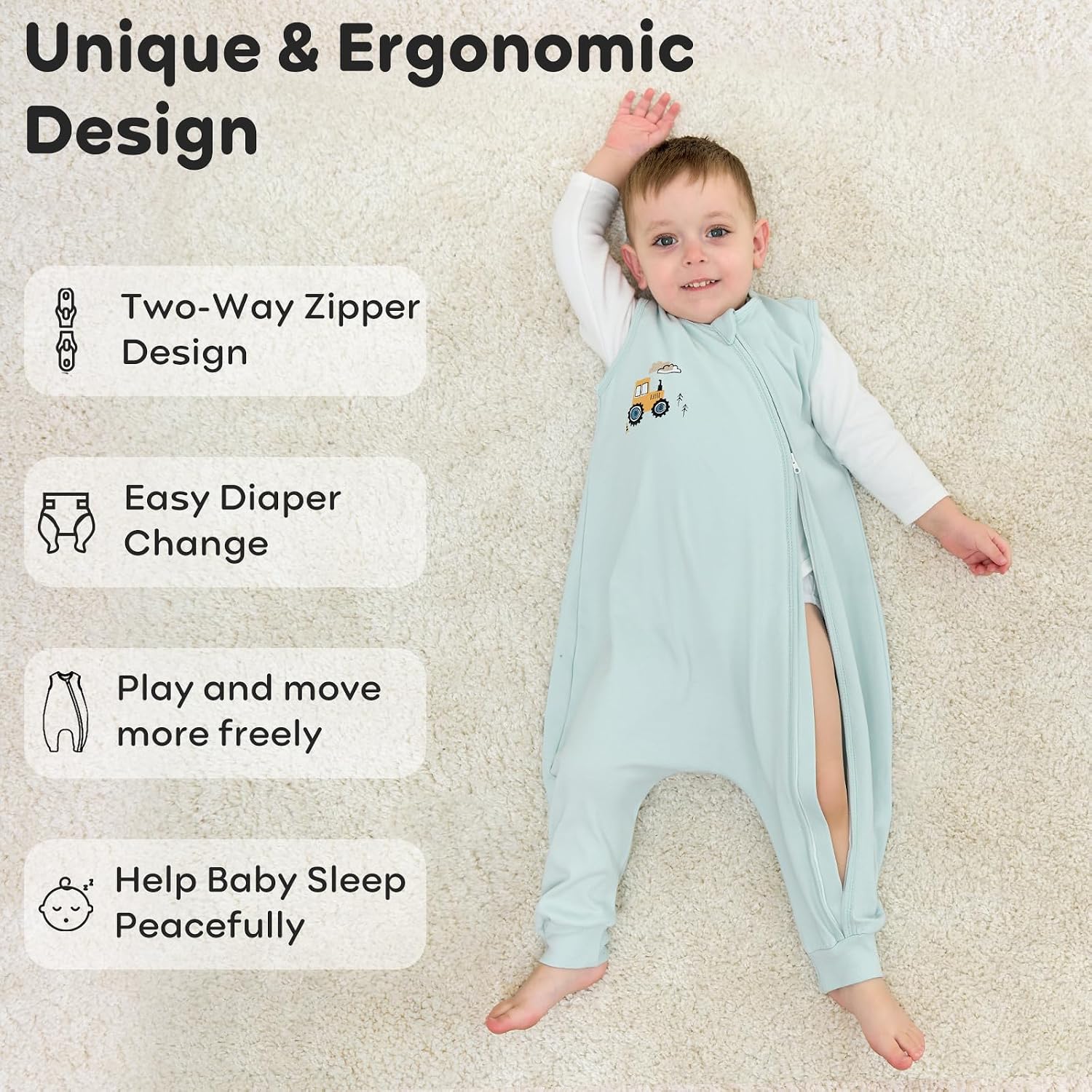 Detalle de Unnivoll Baby Schlafsack mit Füßen 0,5 Tog – 2er Pack, Baumwolle, Grüne Babyschlafsäcke mit Beinen (80 cm)