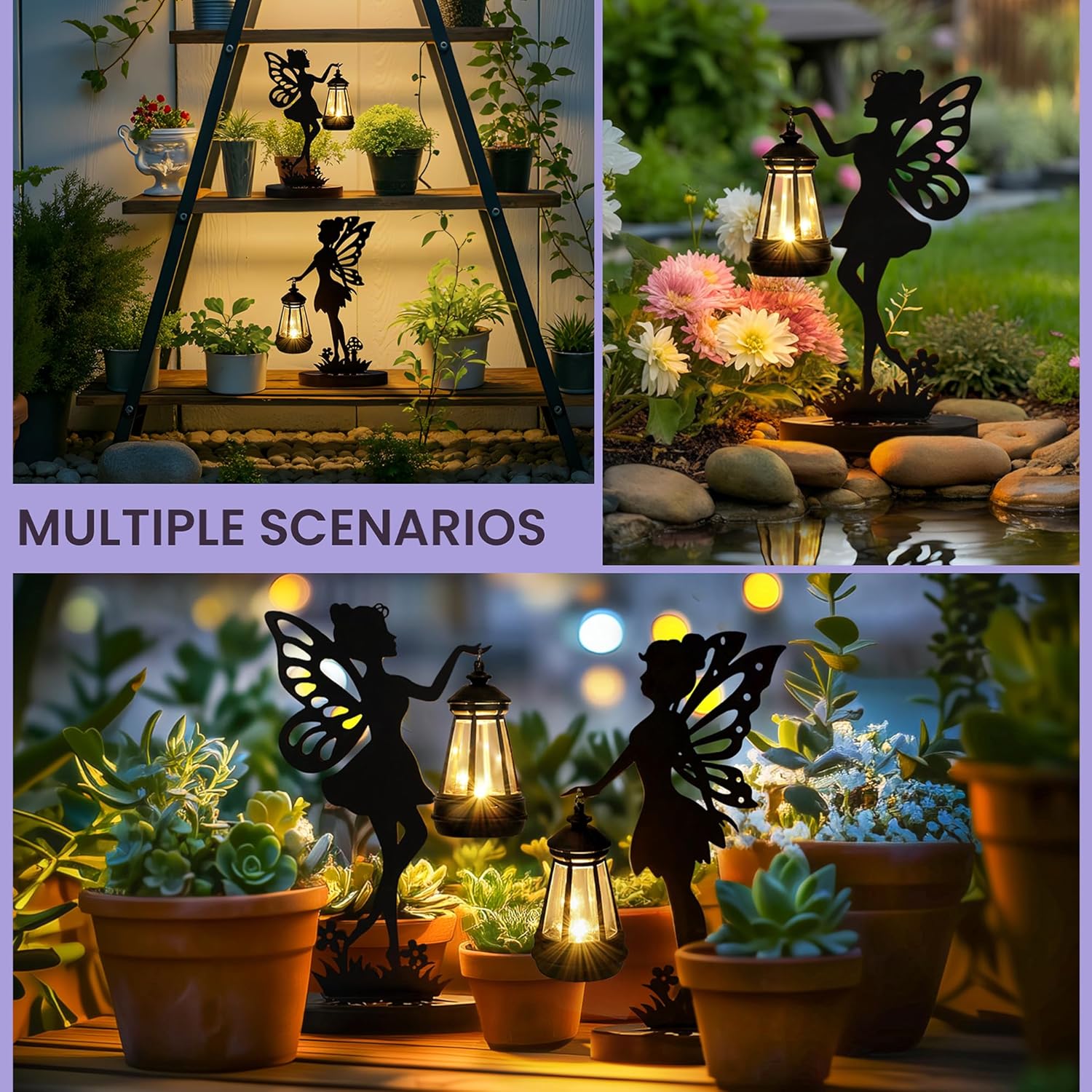 Detalle de GIGALUMI Iron Fairy Statue Garden Ornaments with Solar Lights (2 Pack) – Waterproof Outdoor Lantern Statues
