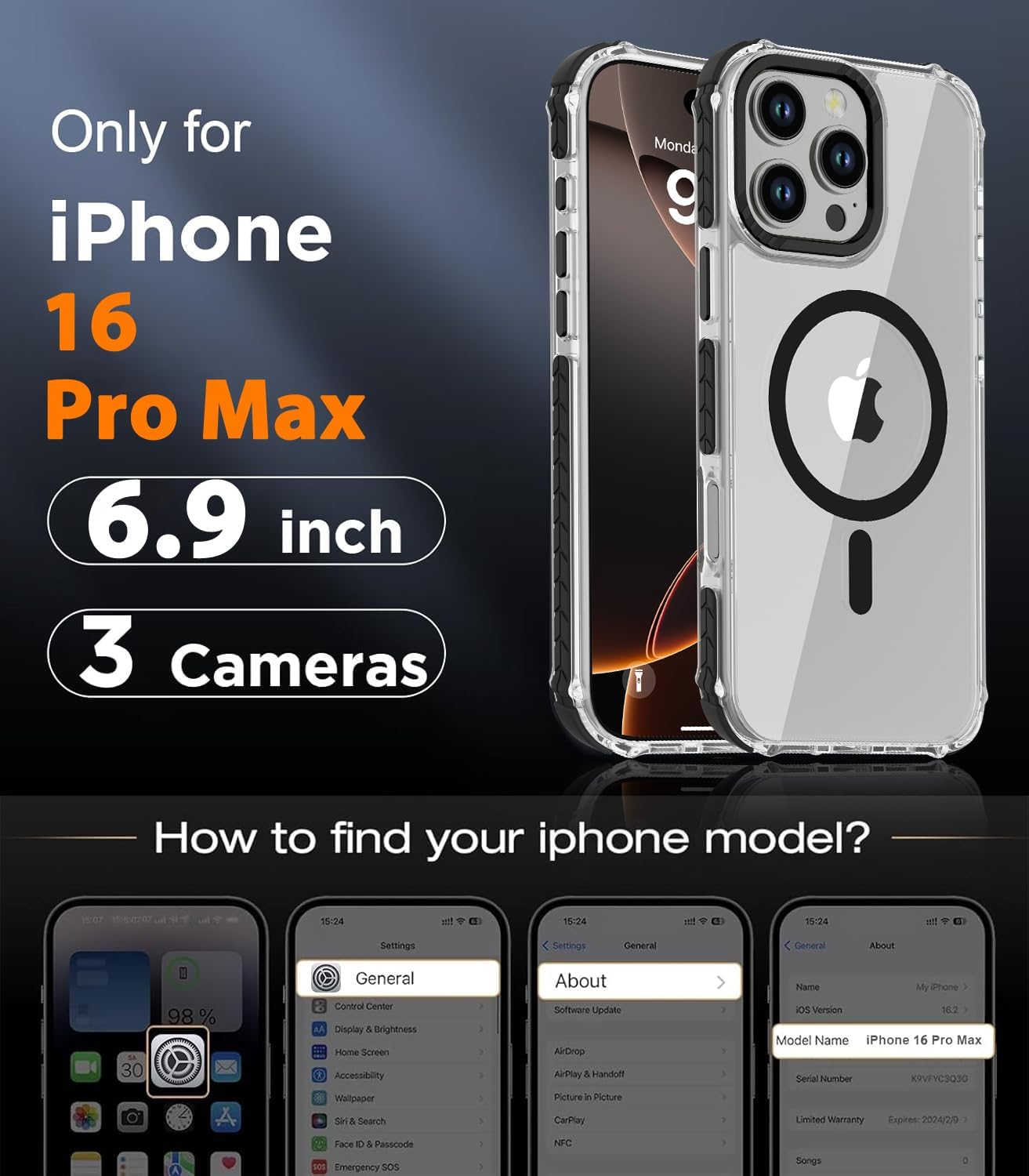 Detalle de DEERLAMN Strong Magnetic Case for iPhone 16 Pro Max (6.9-inch) — Clear Slim Shockproof Cover with MagSafe Compatibility