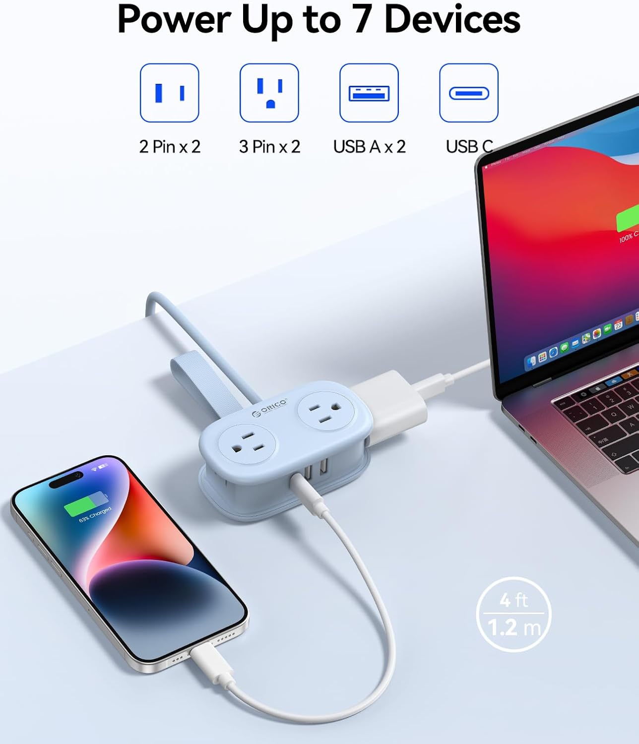 Detalle de ORICO AP3-4A2U1C-US Travel Power Strip, 4 Outlets, 3 USB Ports, 4-ft Cord