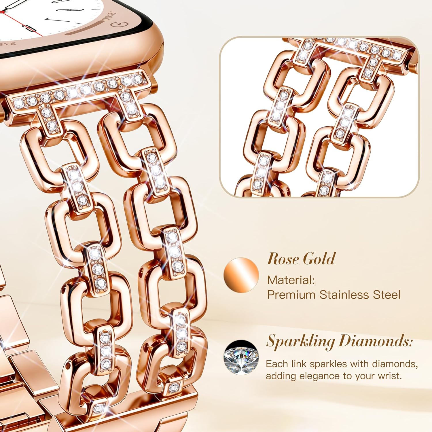 Detalle de Calina Metal Strap for Apple Watch — Luxury Diamond Accent, 5.3–7.5in Wrist Range, 38–49mm/Series Compatible