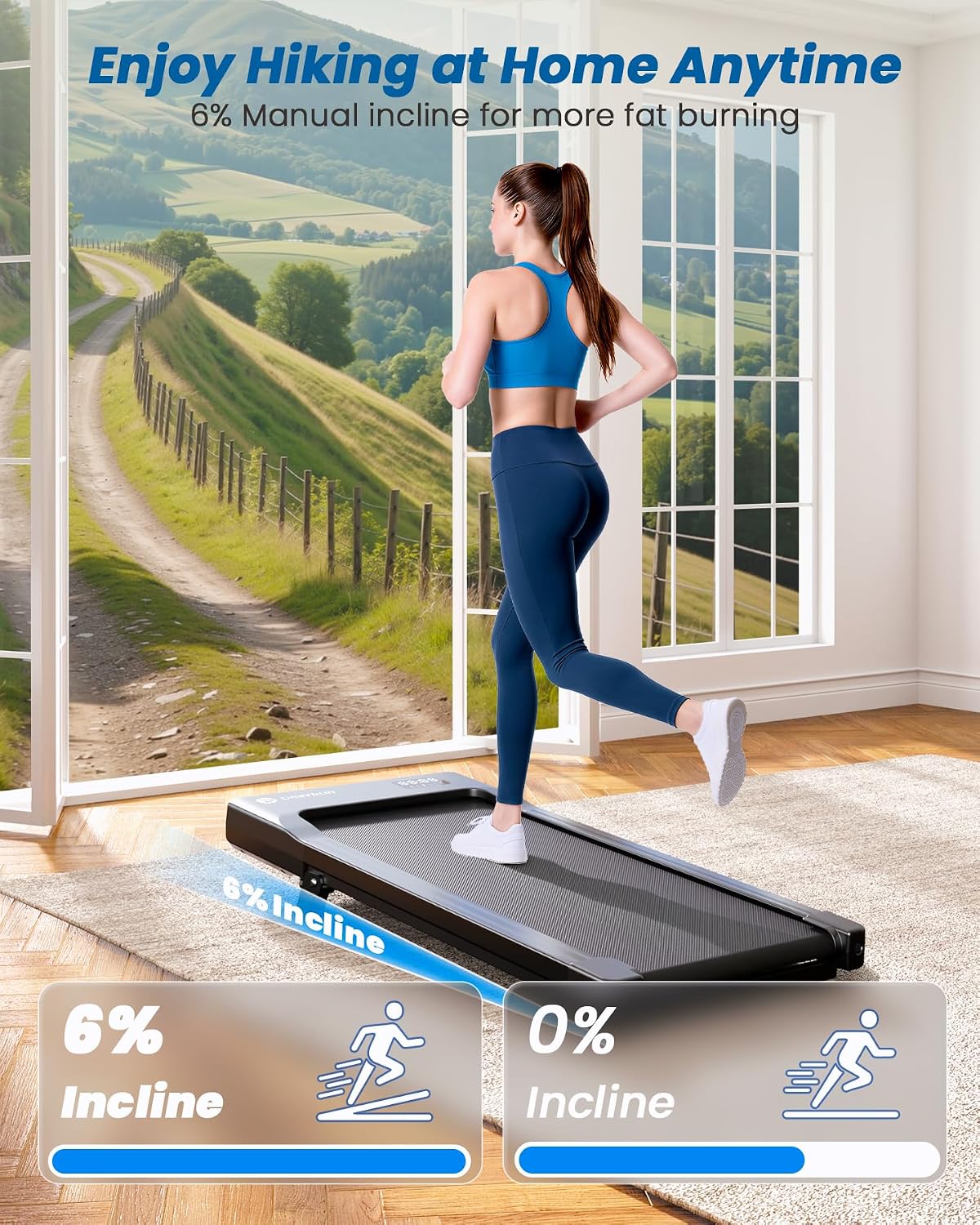 Detalle de DeerRun Incline Walking Pad Treadmill, 2.5 HP, 6% Incline, 300 lb Capacity
