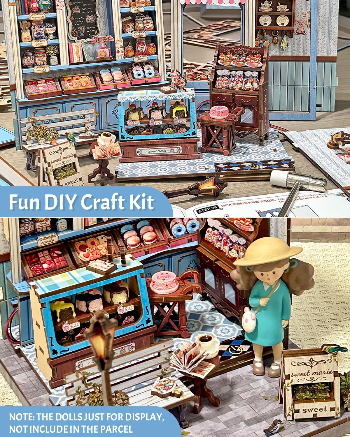 Thumbnail 2 de CUTEBEE Book Nook Kit for Adults – Sweet Marie Miniature Blue Candy Shop with LED Light