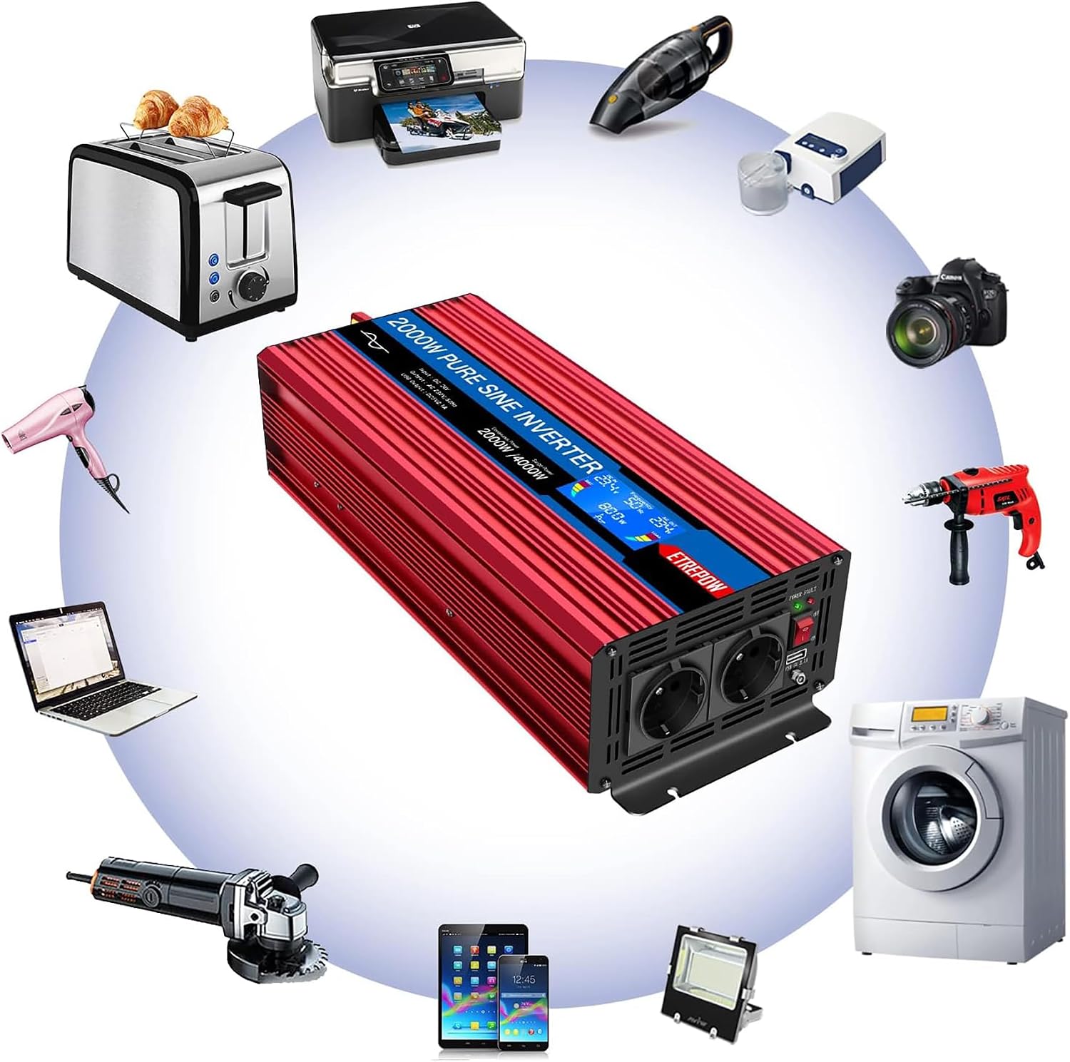 Detalle de ETREPOW 2000W Inverter 24V a Onda Pura 220V con TeleComando Wireless, Display LCD e 2 prese EU + USB