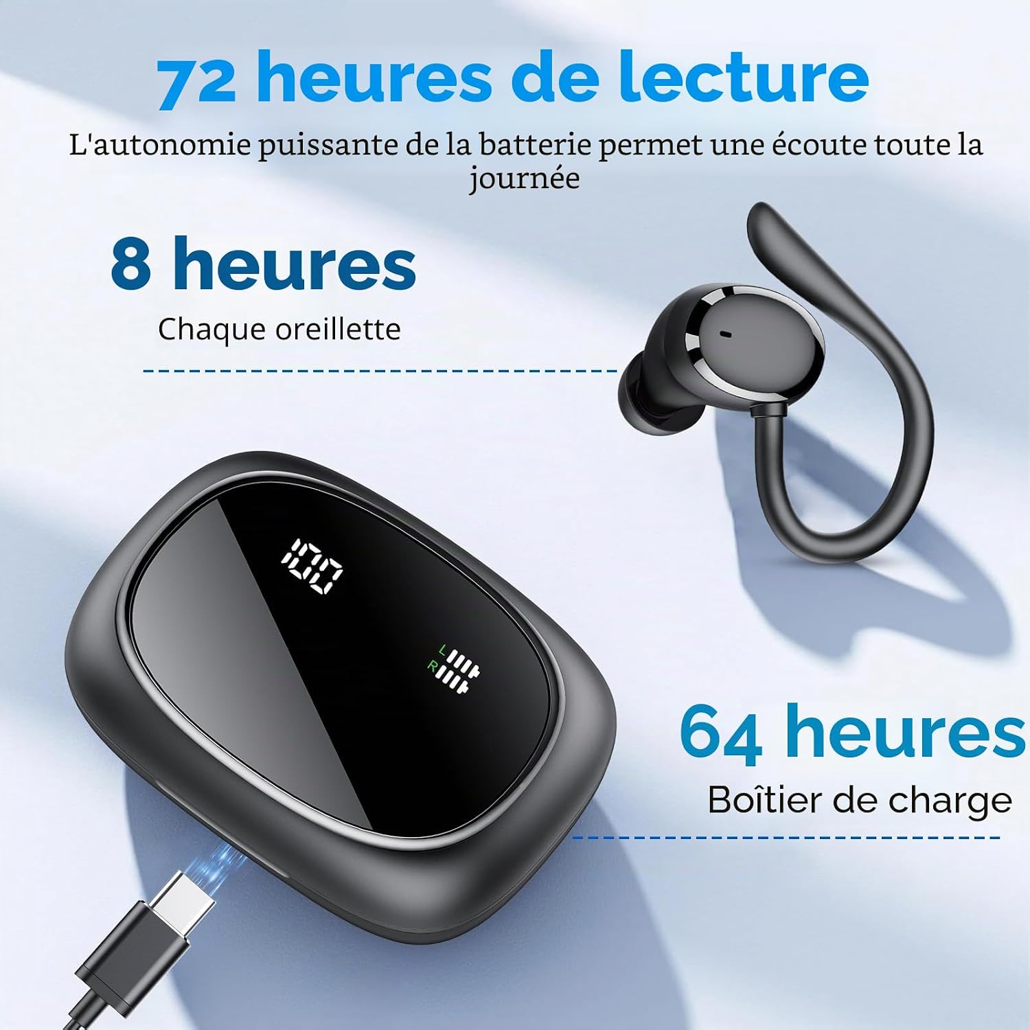 Detalle de Ecouteurs Bluetooth sans Fil Sport – Casque 5.3, 72H d’autonomie, IPX7 et ANC ENC