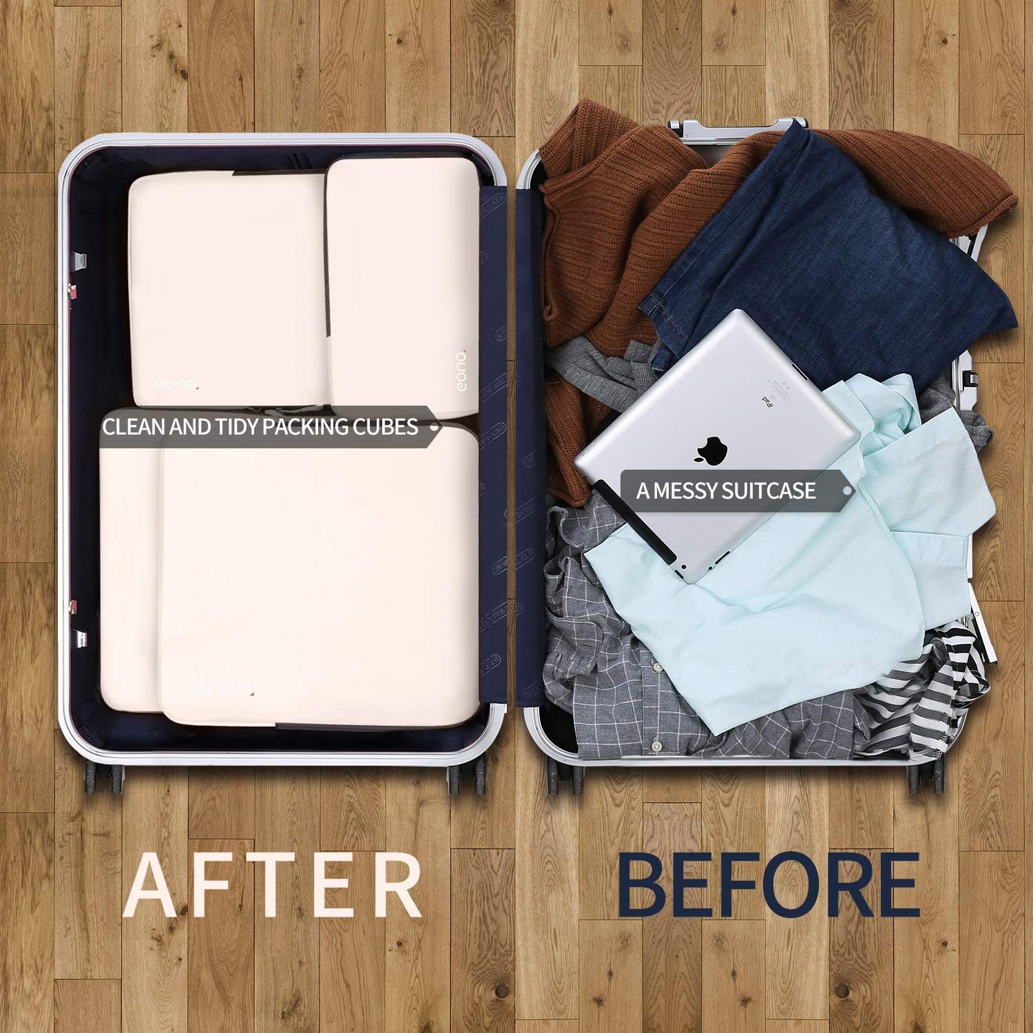 Detalle 2 de Eono 3/4/6 Compression Packing Cubes Set (Luggage Organiser) for travel suitcase organisation