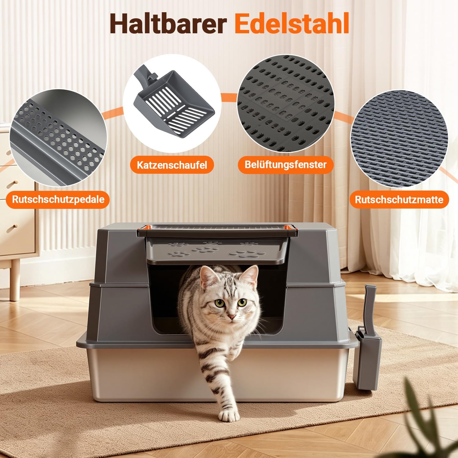 Detalle de Peviasot XXXL kattlåda i rostfritt stål med lock och hög kant