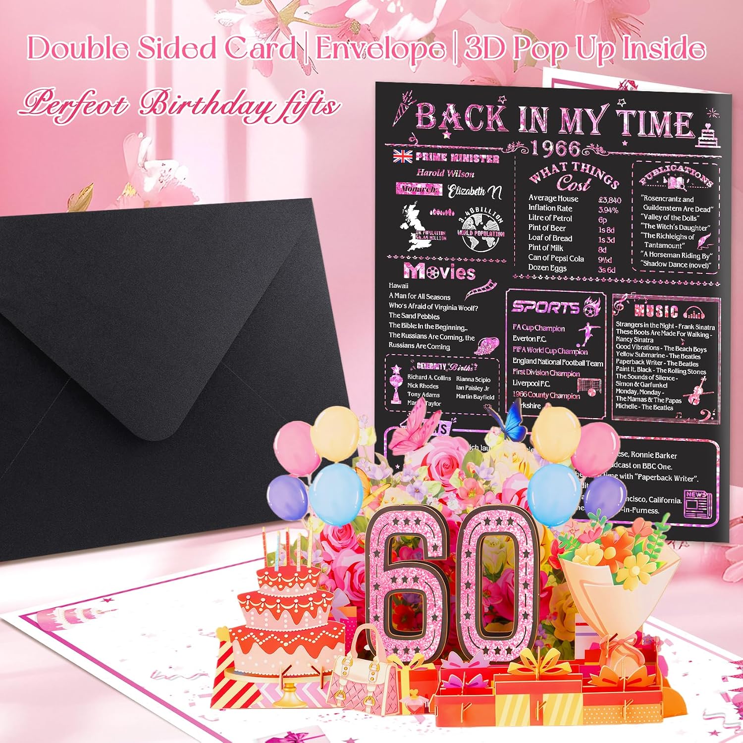 Thumbnail 4 de Awrmoo 60th Birthday Cards for Women – 3D Pop Up 60th Card with Rose Gold 1966 Gilded Cover