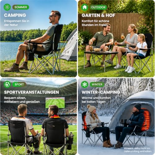 Detalle de Obqer Campingstuhl Faltbar Gepolstert Heavy Duty bis 180 kg mit USB-Heizung, Getränkehalter und Tragetasche