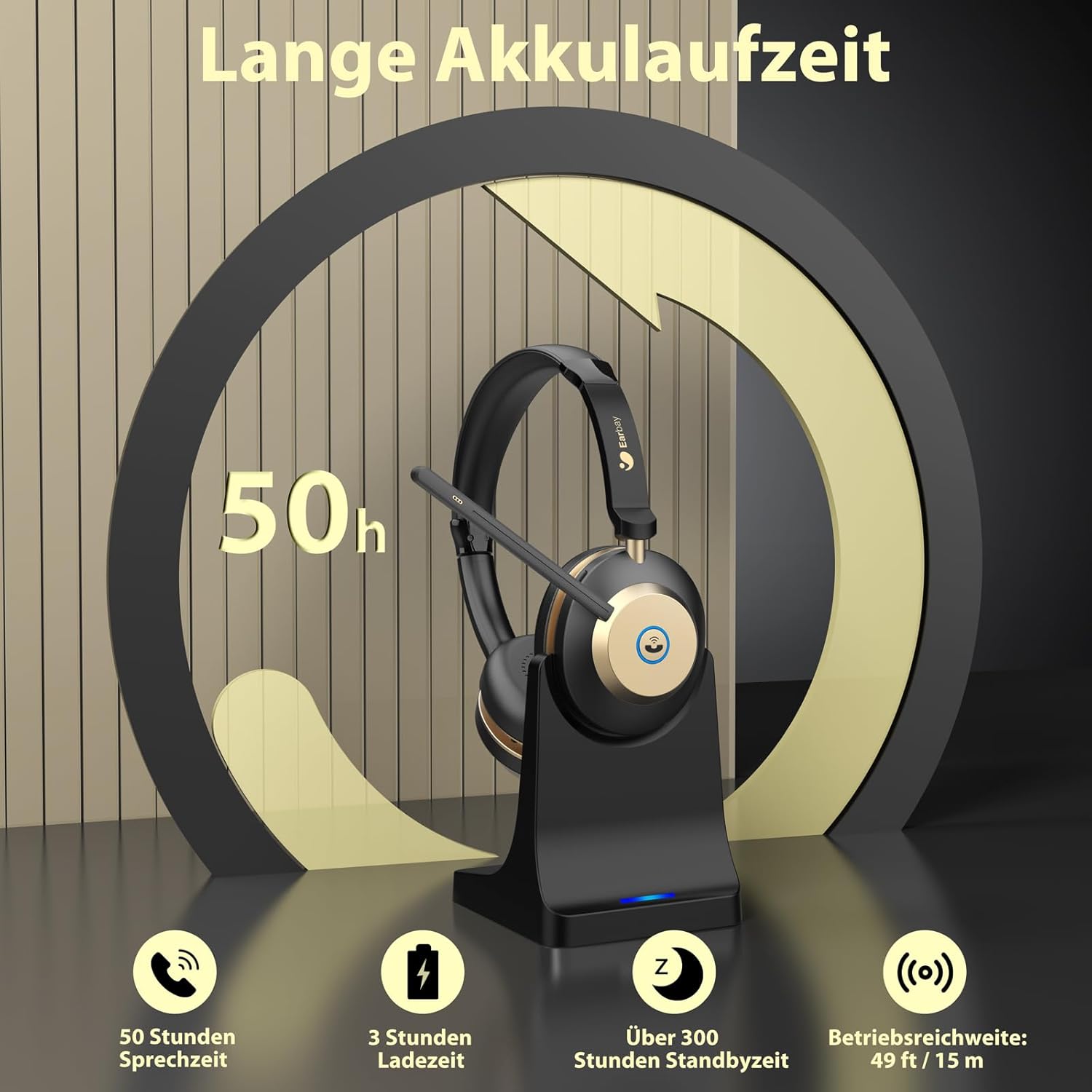 Thumbnail 3 de Earbay Kabelloses Headset mit AI Noise-Cancelling und USB-Dongle – Bluetooth Headset mit Mikrofon, Ladestation und Stummschaltung