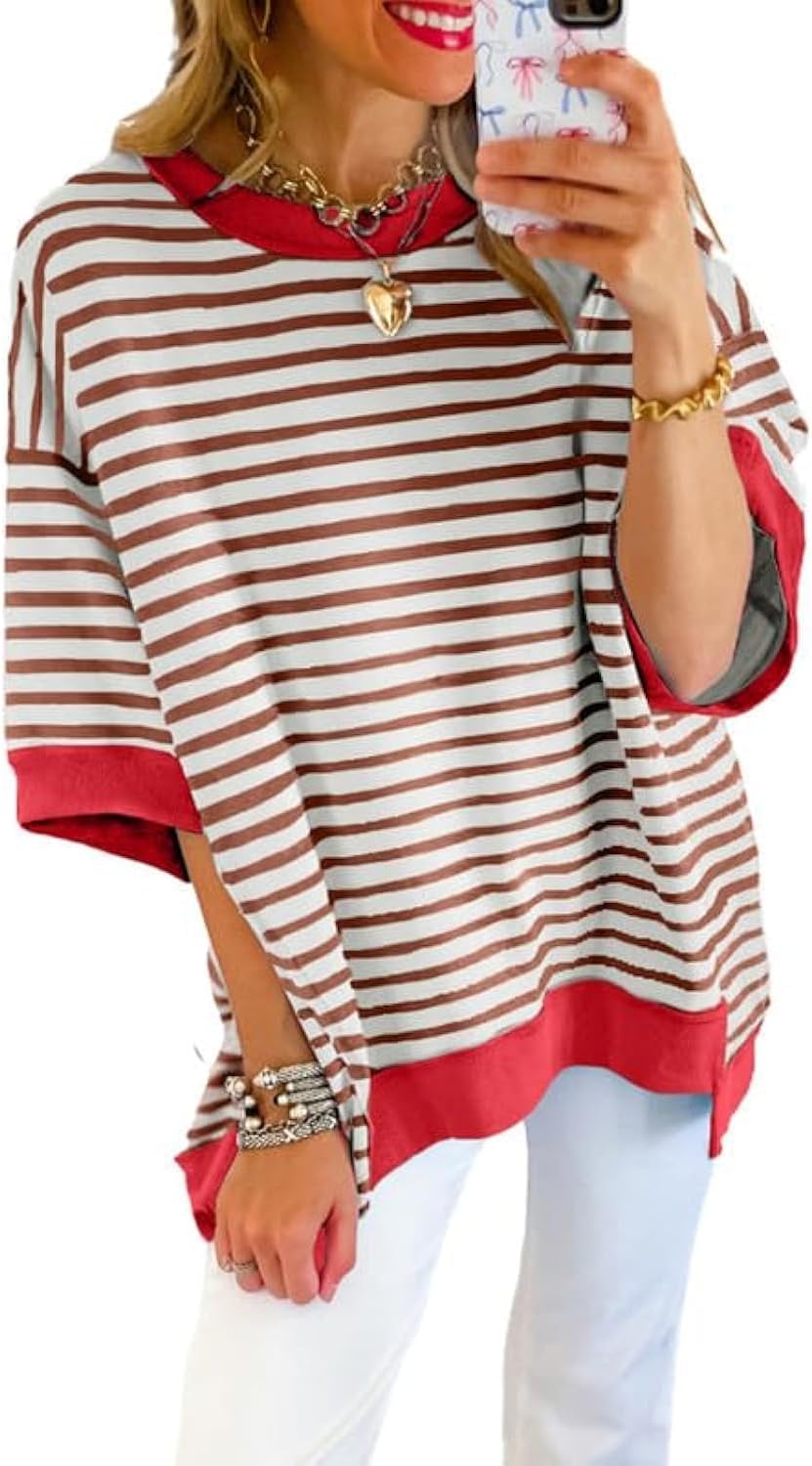 Thumbnail 5 de SHEWIN Women’s Striped Short-Sleeve Crewneck Sweatshirt Top