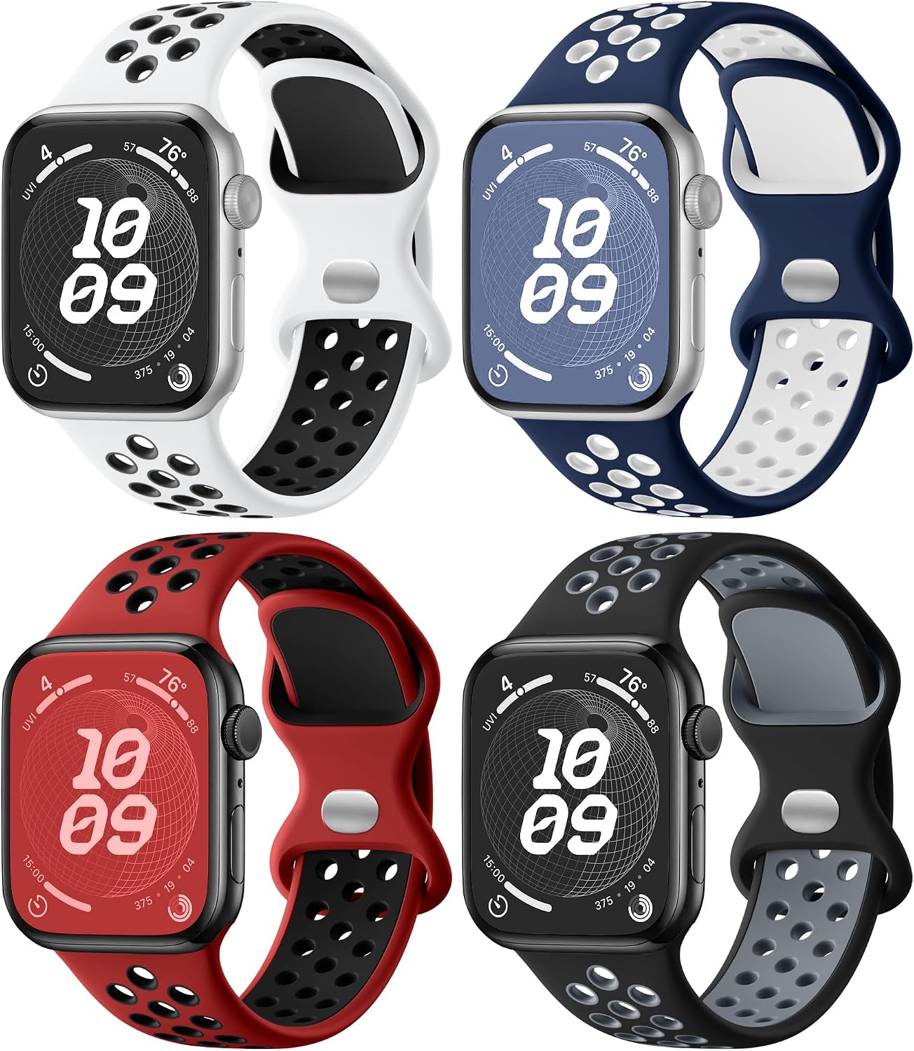 Detalle de Adorve 4 Pack Breathable Silicone Sport Strap for Apple Watch (40–42mm and 38–46mm) with Two‑Tone Design