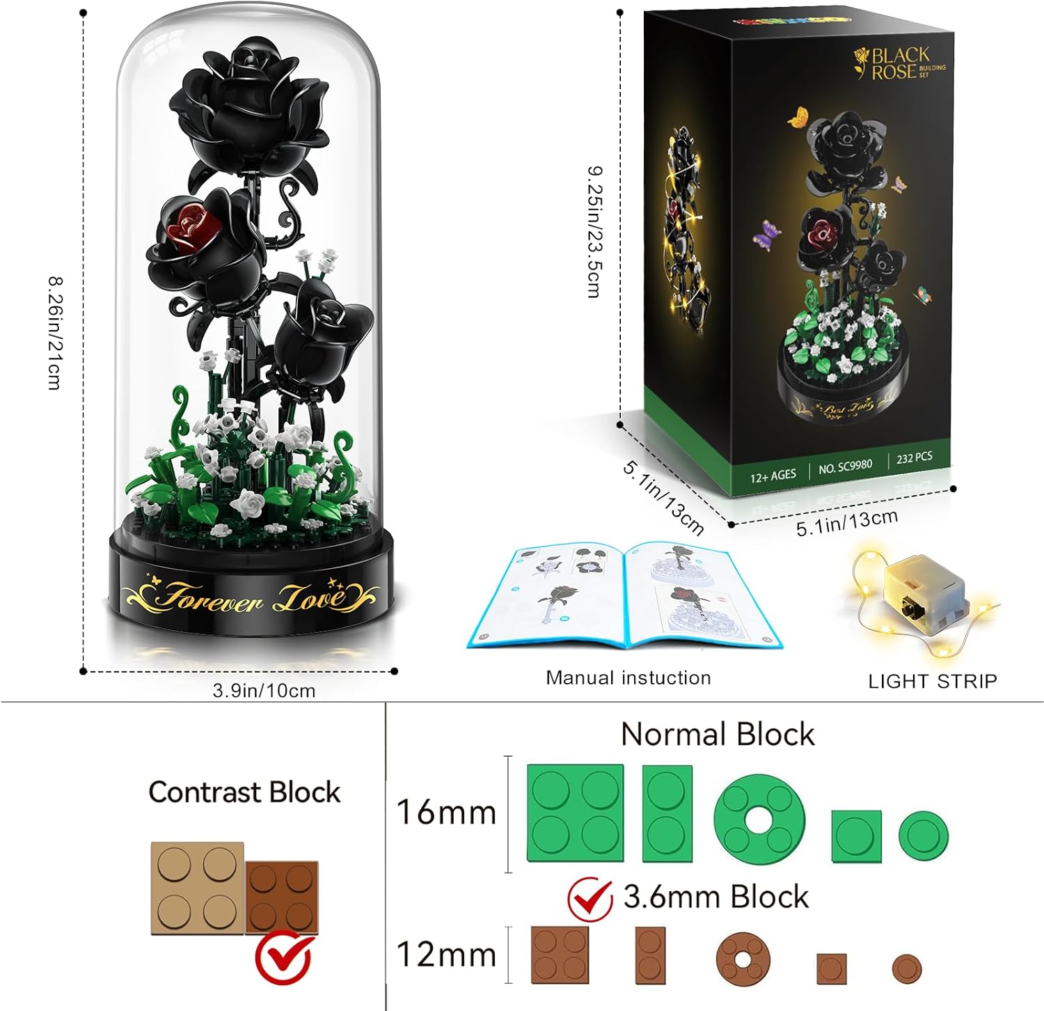Detalle de HiWEEGO Flower Building Set with LED Light - 232 PCS Black Rose Kit