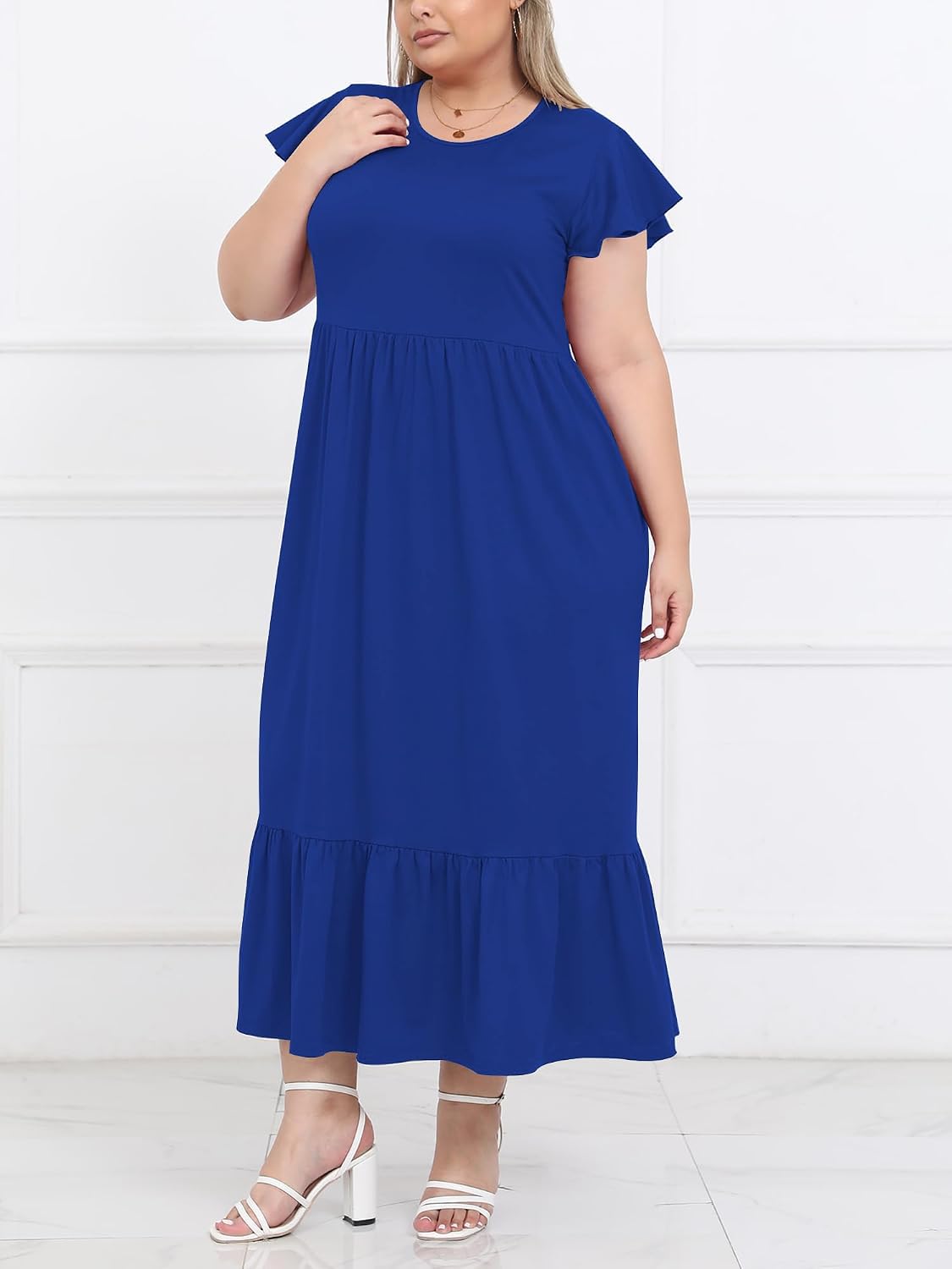Detalle de Moon Wood Robe d'été Femme Grande Taille - Longue Bohème à Manches Courtes avec Poches