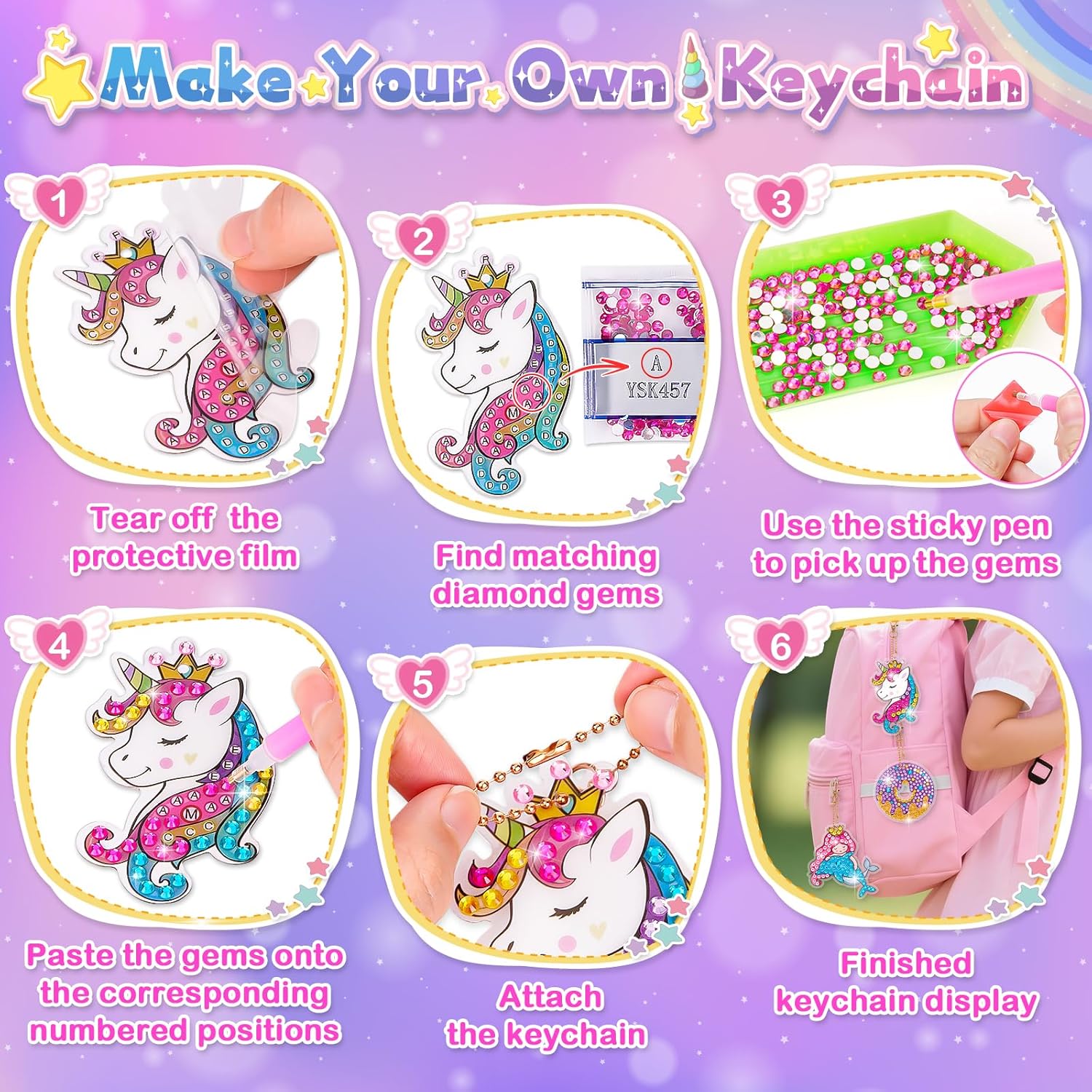 Detalle 2 de Diamond Painting Art Keychain Kit for Girls (Unicorn) – DIY Gem Keyring Craft Set (Age 5–10)