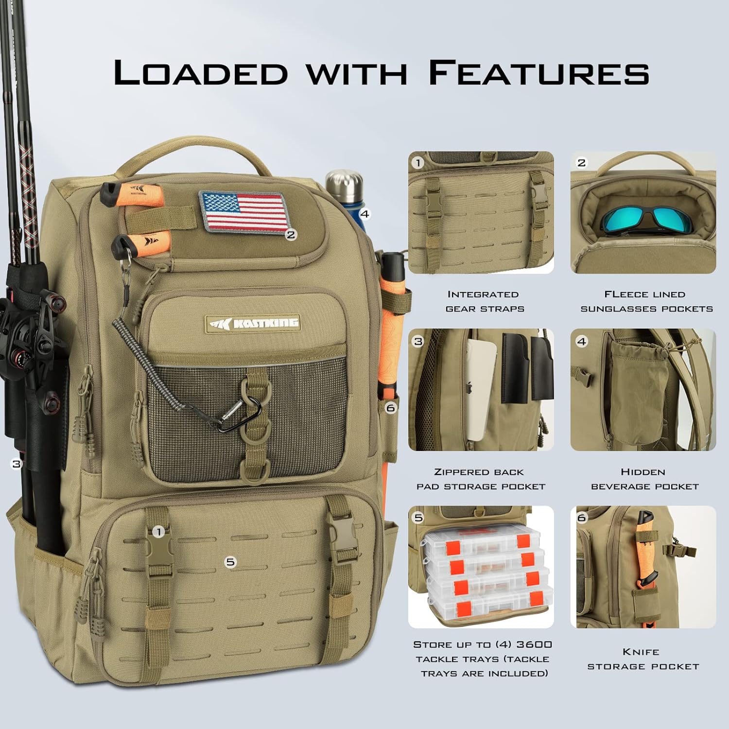 Detalle de KastKing KarryAll Fishing Tackle Backpack with Rod Holder and 4 Tackle Boxes (40/26L)