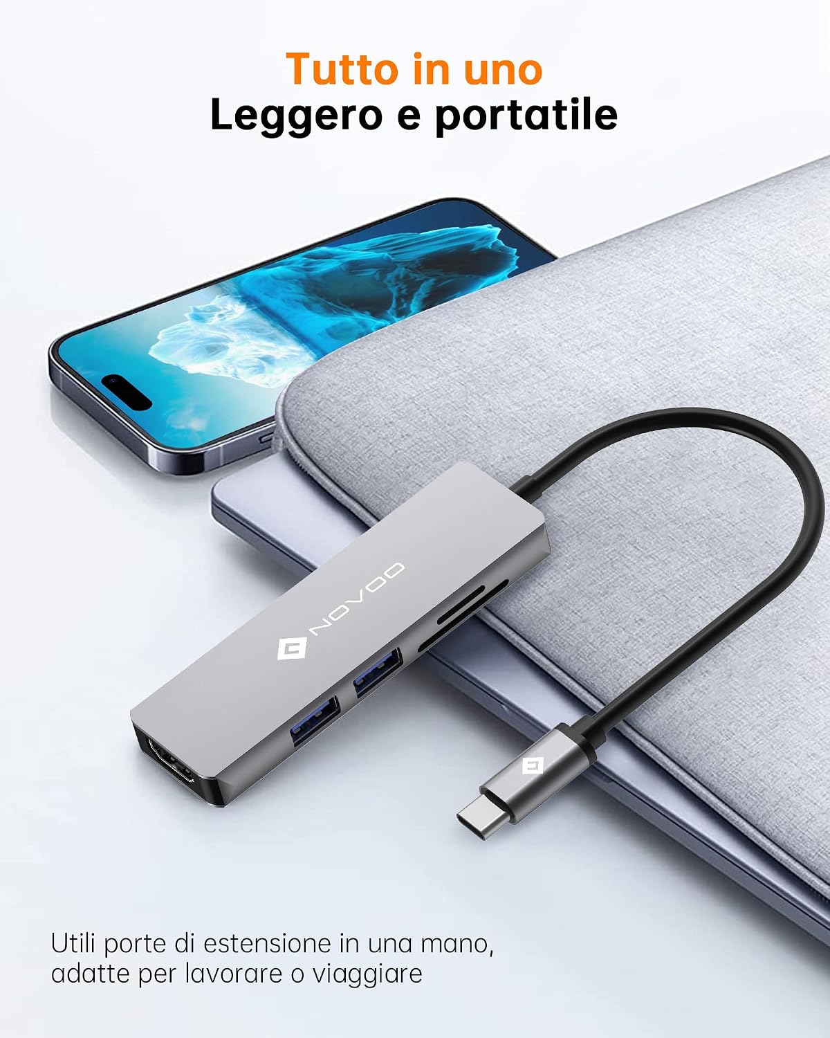 Detalle 2 de NOVOO Hub USB C 5 in 1: espansione pratica per Mac, Chromebook e oltre
