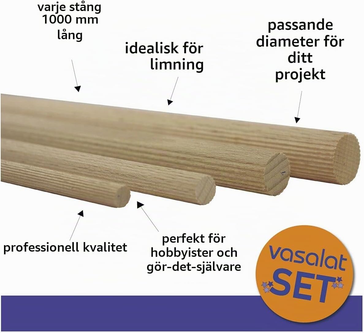 Detalle de vasalat räfflade trästavar i bok, 100 cm × 12 mm, 12-pack