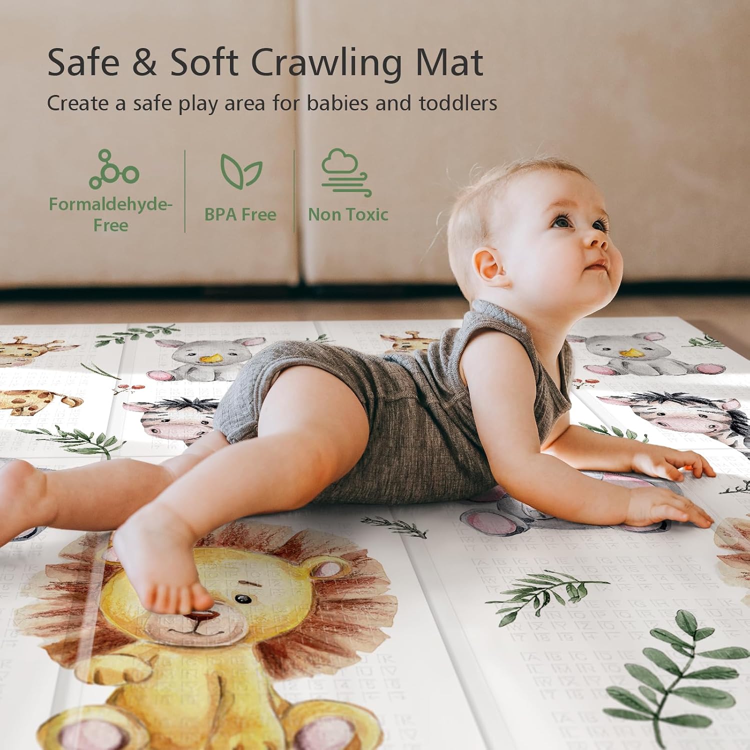 Detalle 2 de NOONKTY 79 x 71-Inch Baby Play Mat, Foldable Waterproof XPE Foam, Giraffe & Lion