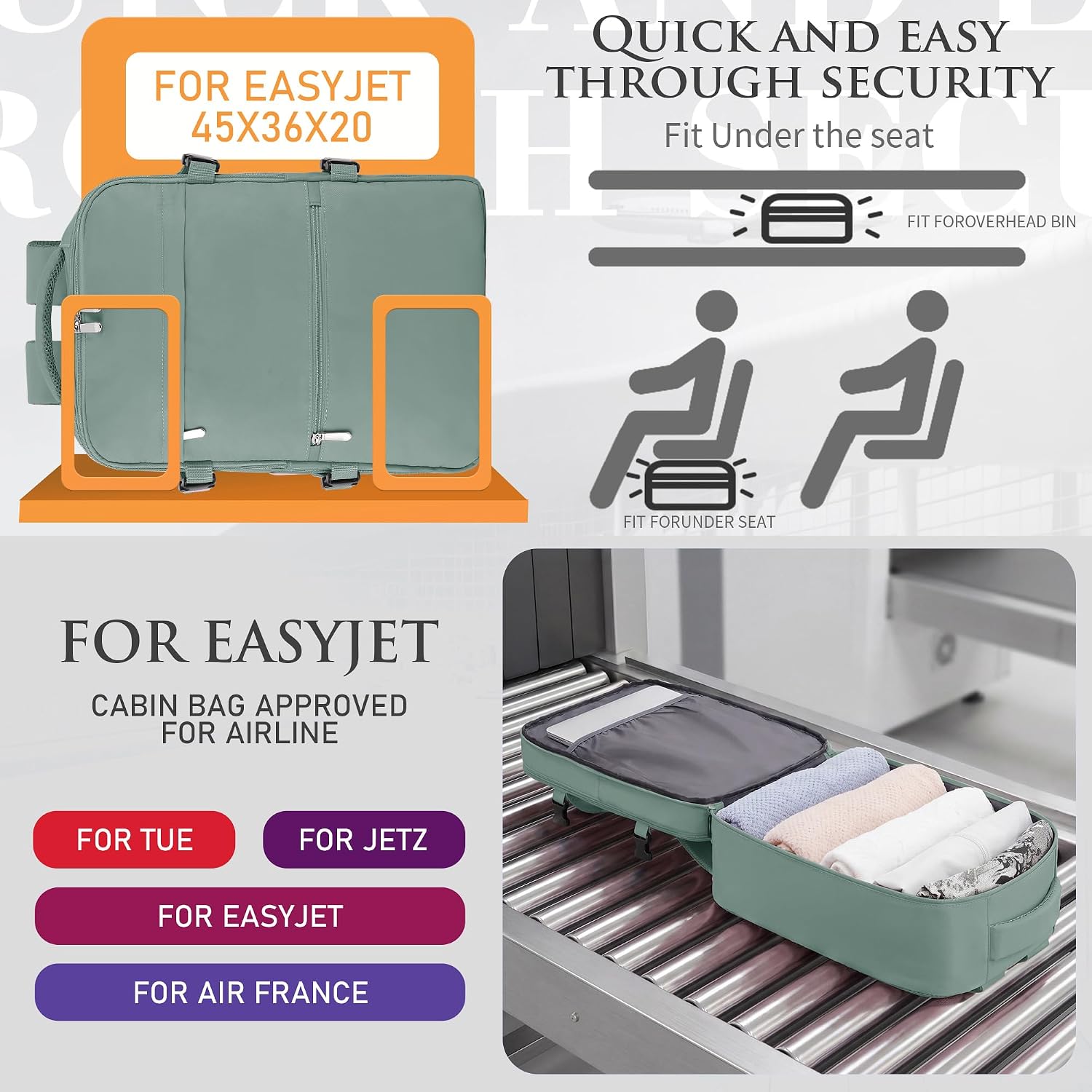 Detalle de Easyjet Cabin Bag 45x36x20 Underseat Cabin Backpack with USB Port and Anti-Theft Pocket