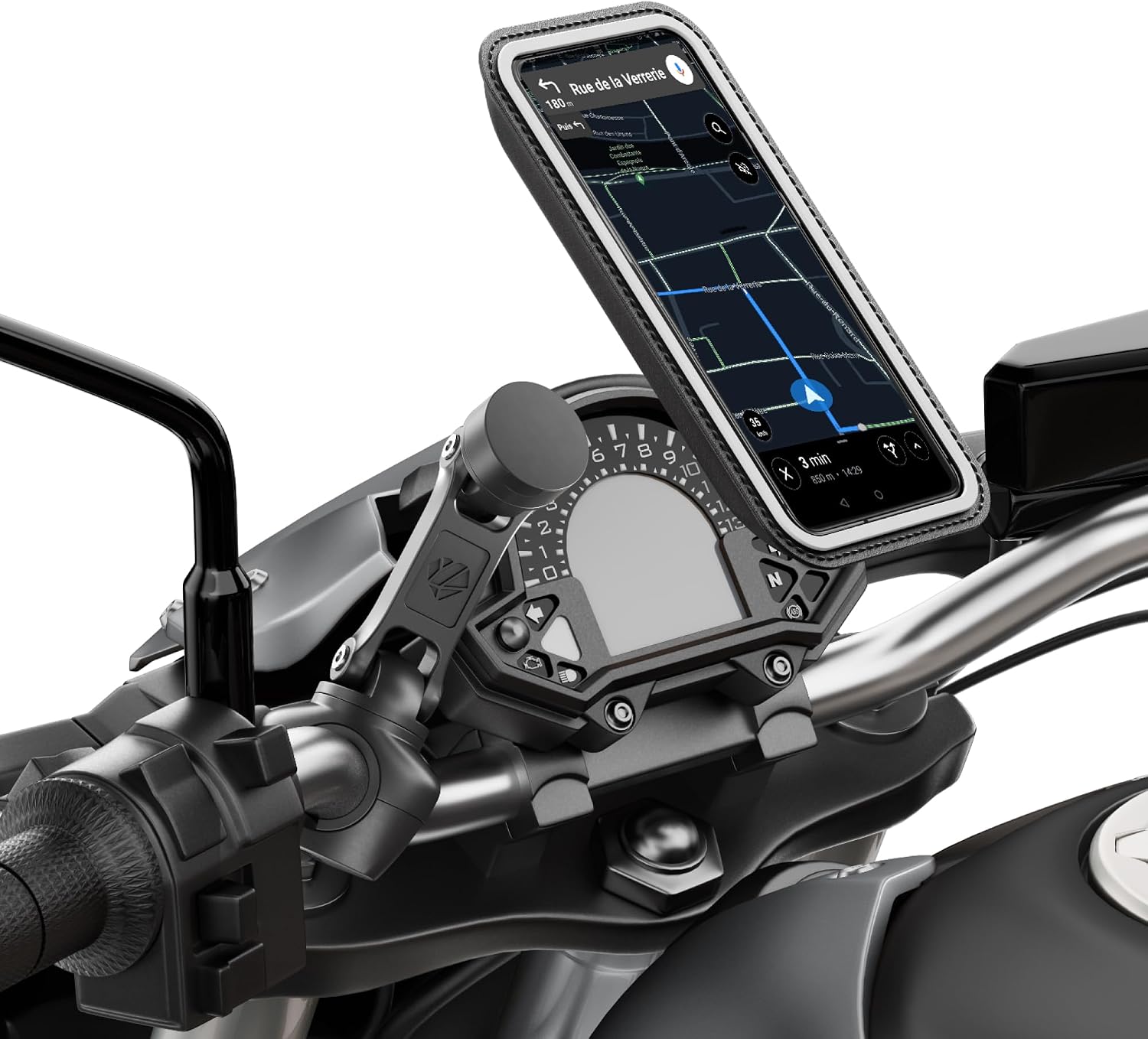 Detalle de Shapeheart Support Téléphone Moto Pro – Bras articulé 360°, fixation guidon et pochette 2XL étanche tactile
