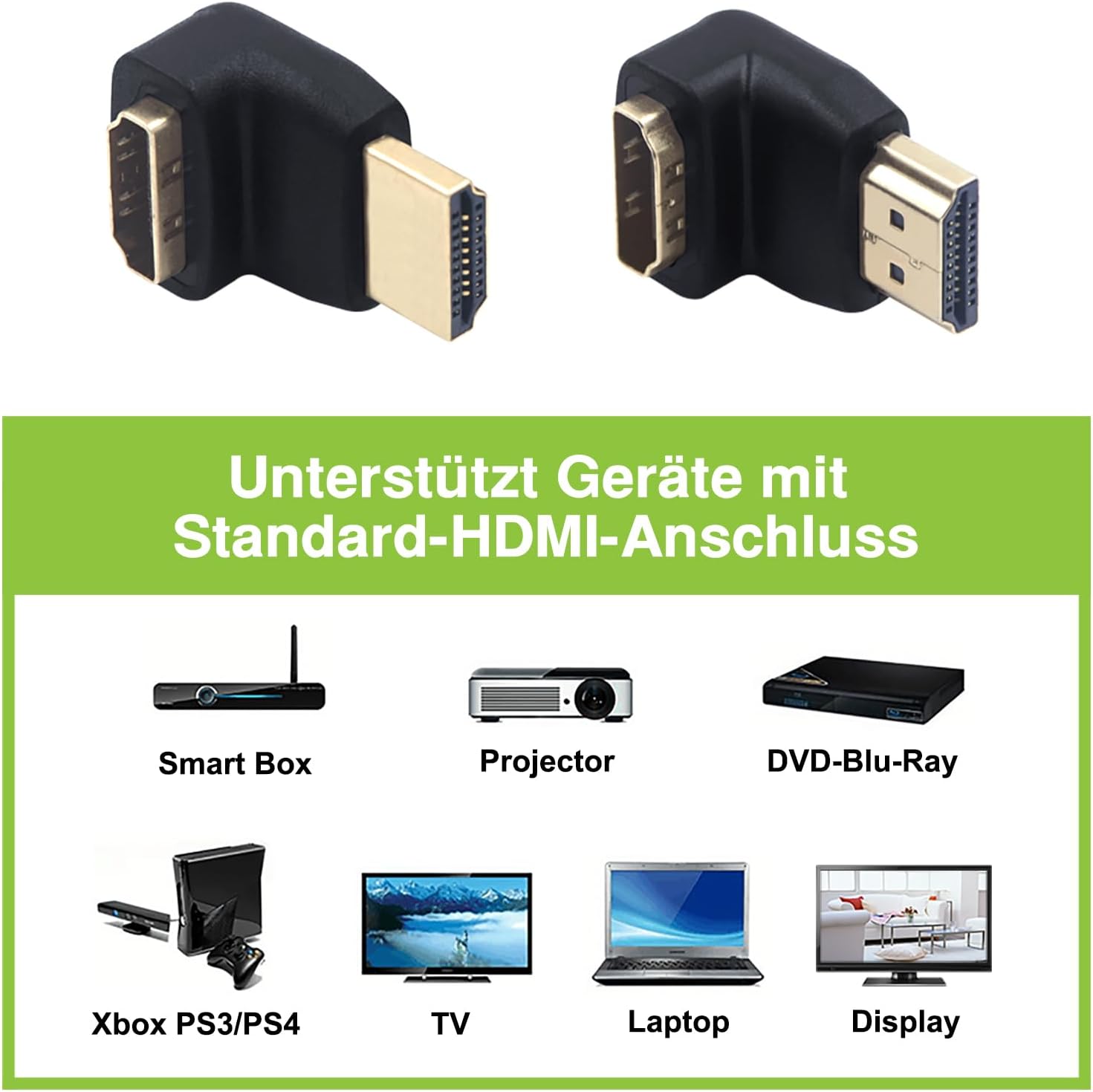 Detalle 2 de LEENUE HDMI Winkelstecker 90°/270° – 4er-Pack, 4K, ARC, HDR, 3D, Goldkontakte