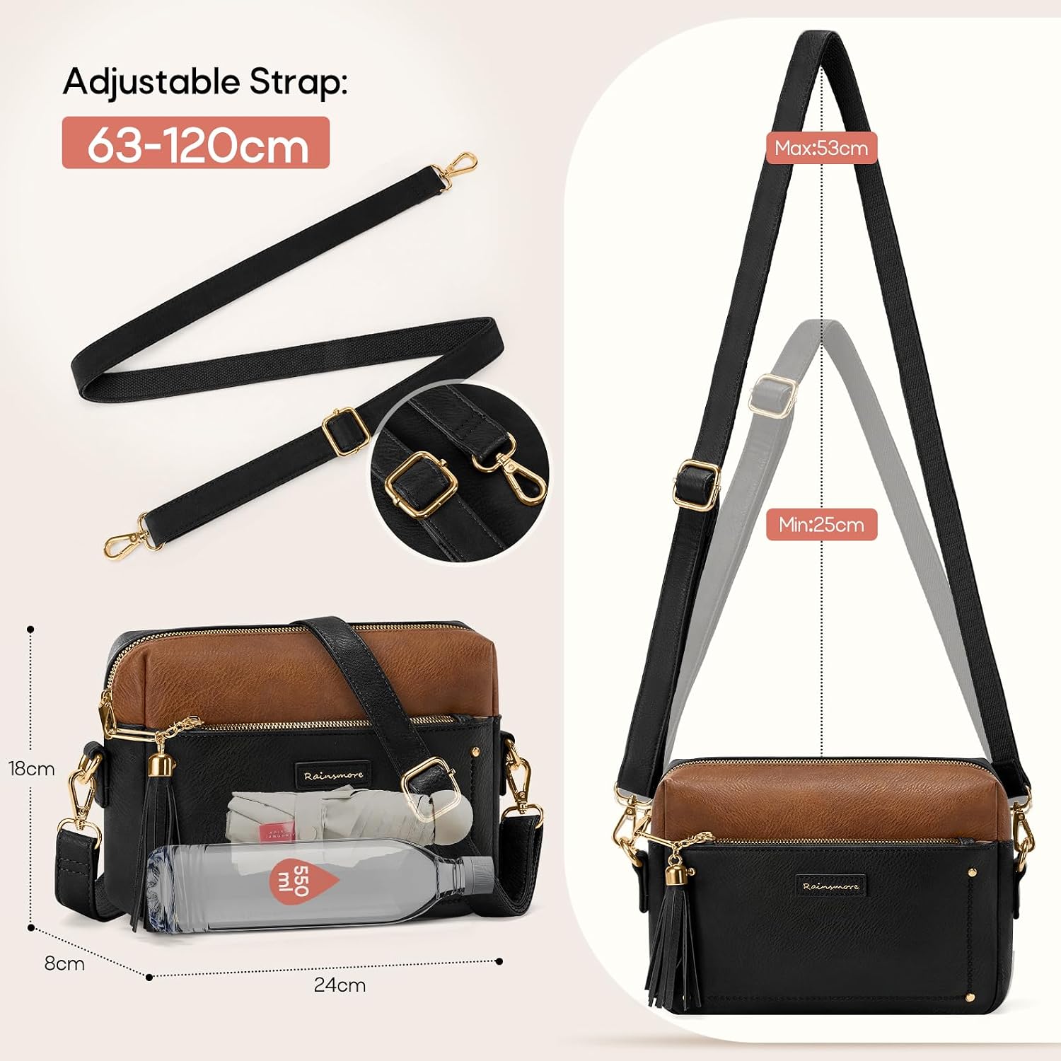 Detalle de RAINSMORE Crossbody Bag for Women – Waterproof PU Leather, Anti-Theft Zippers & 5-Compartment Design